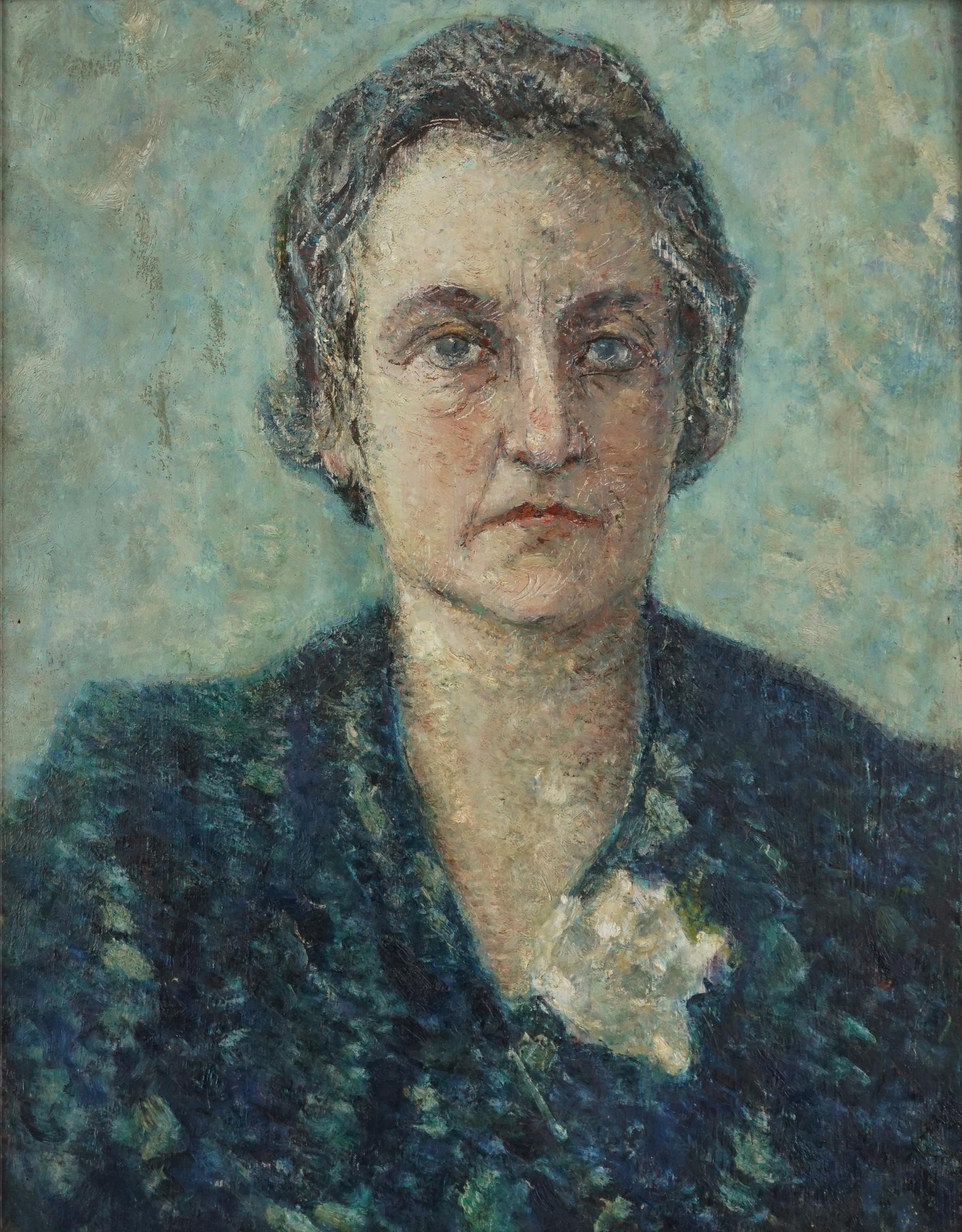 Beautiful portrait of older woman, possibly a Nonna (Grandmother) with Gardenia by Raul (or Raoul) Viviani (Italian, 1883 - 1965), circa 1950. Lovely texture of dabs of paint of Divisionist style adds interest and depth. Painting originally signed