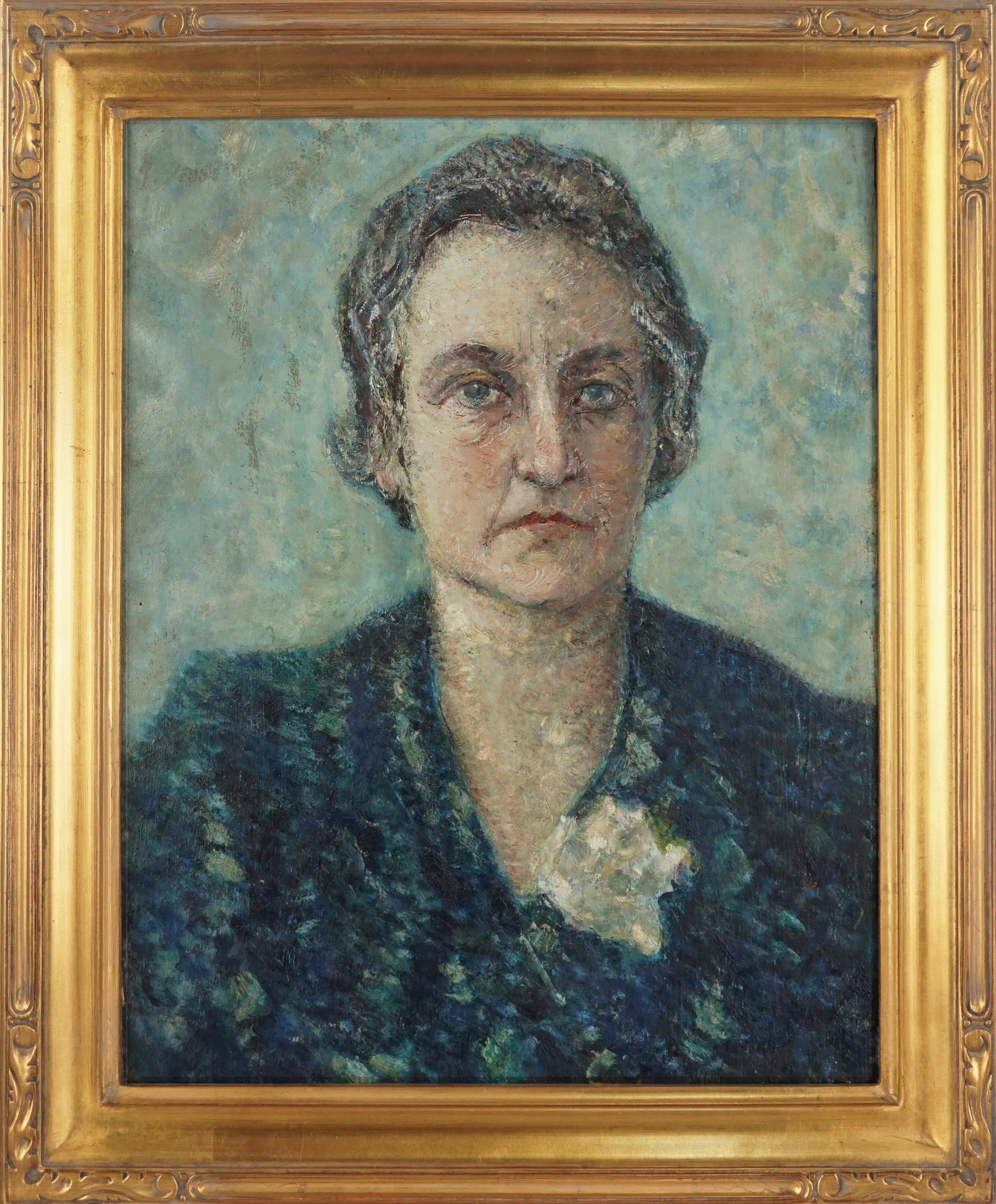 Figurative Painting Raul Viviani - Portrait de Nonna dans le style divisionniste des années 1950 -- peinture à l'huile sur panneau
