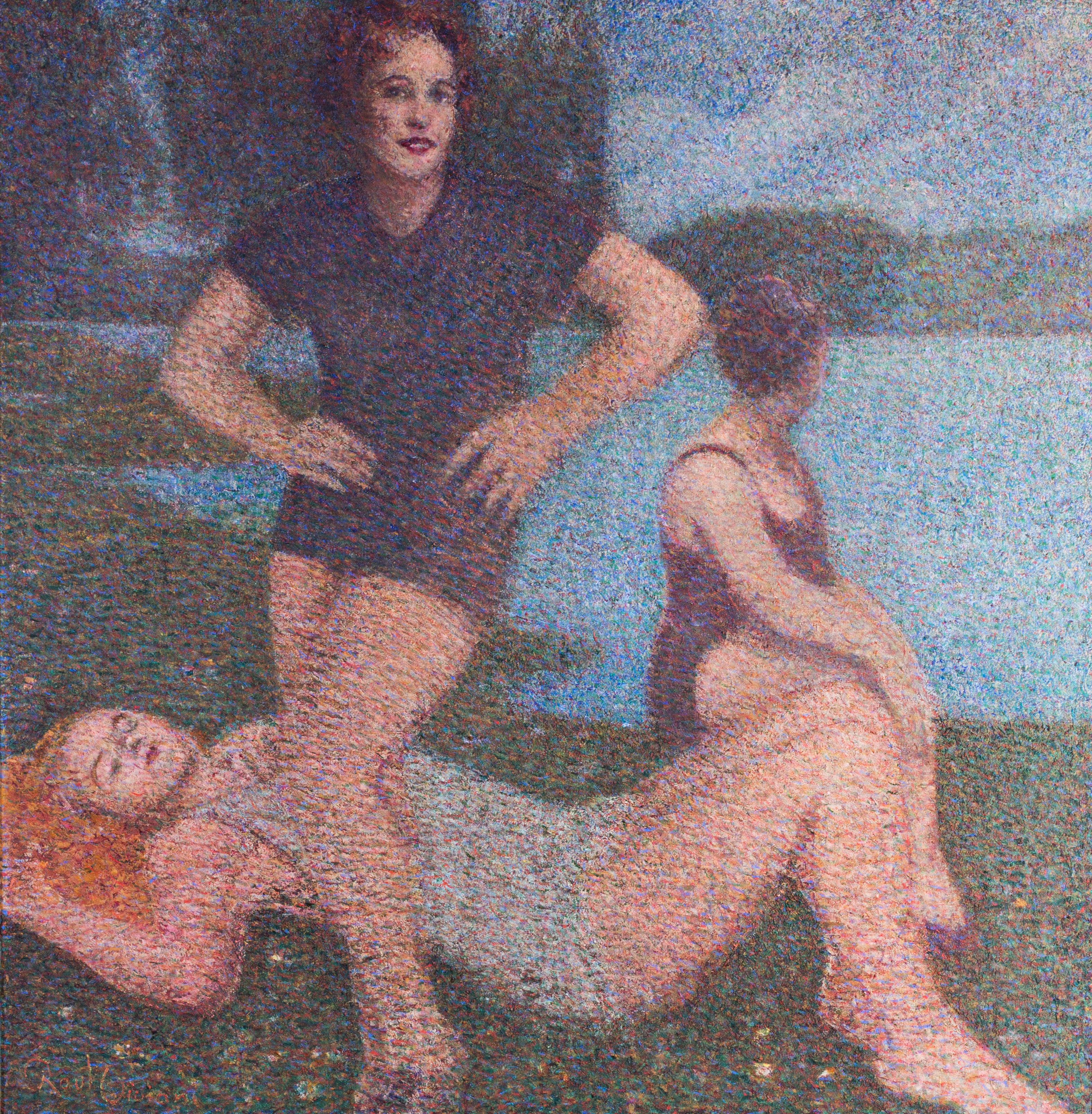 Large, Italian early 20th Century pointillist oil painting of three bathers  - Post-Impressionist Painting by Raul Viviani