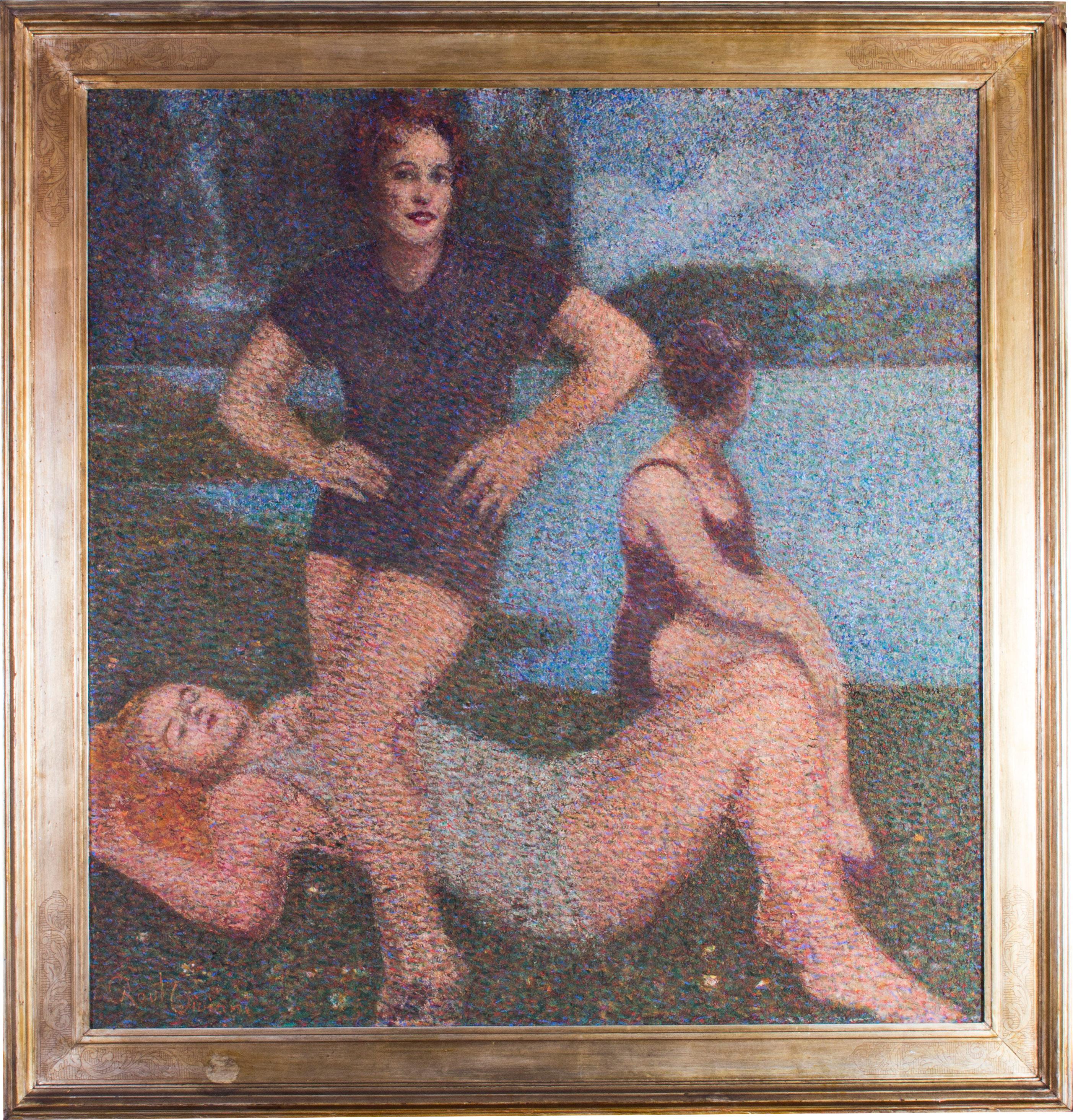 Raul Viviani Figurative Painting - Large, Italian early 20th Century pointillist oil painting of three bathers 