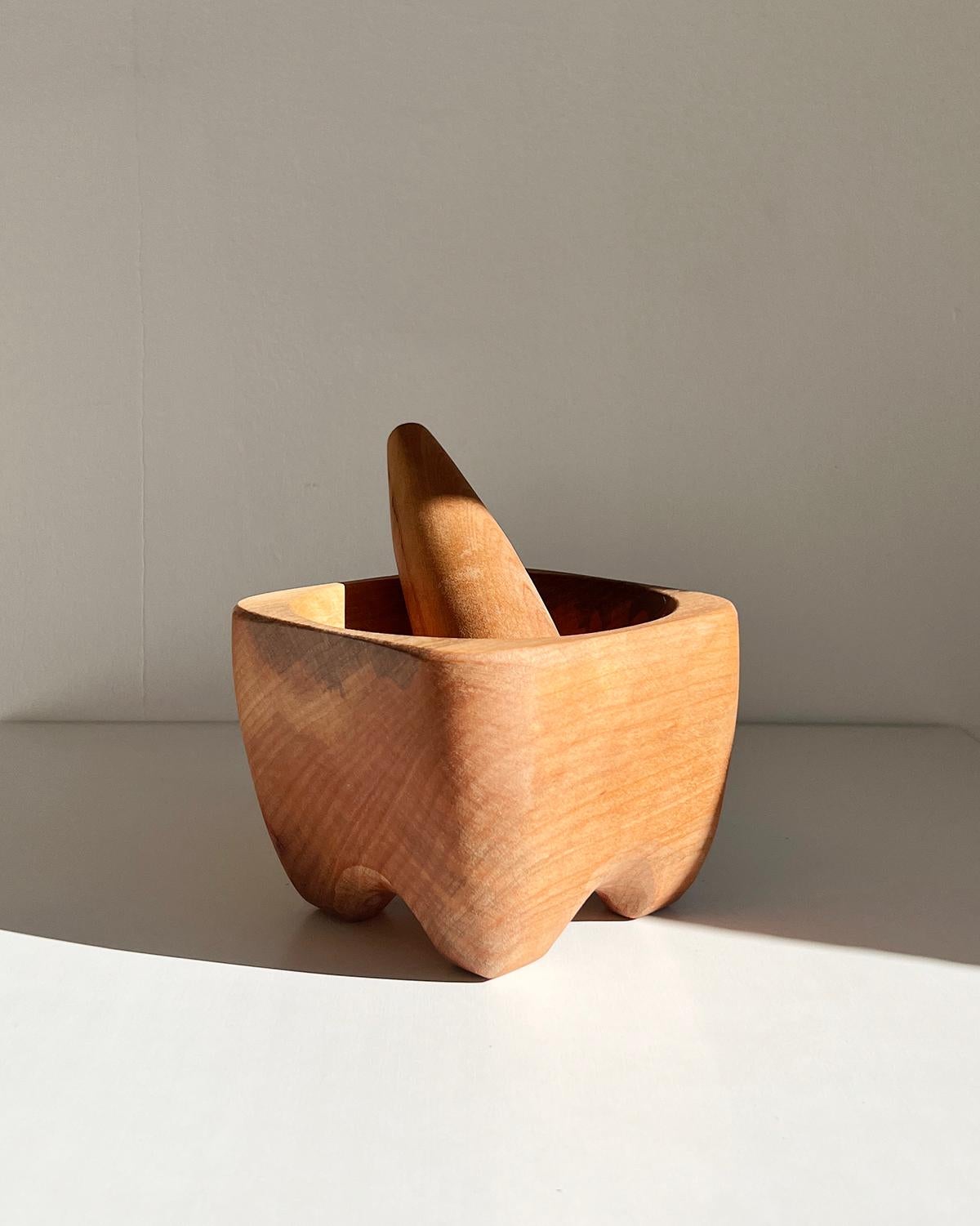 Organic Modern Rauli Hand Carved Solid Wood Mortar and Pestle For Sale