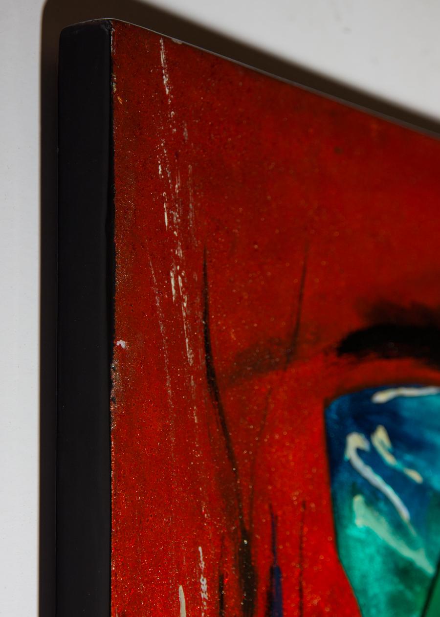 Acrylic, Oils, mother of pearl, eggshell, shellac, and many more mediums are combined to create a truly unique abstract composition. This piece is rendered through the uncommon technique of laying down silver leaf over a wooden panel. This is