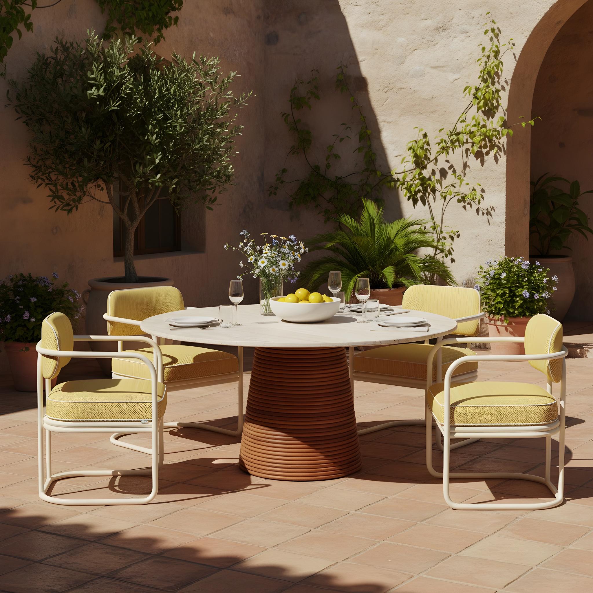 The Ravello Dining Table, created in partnership with Mediterrazza, embodies Mediterranean charm with its bohemian-inspired design and artisanal craftsmanship. Crafted in warm, durable iroko wood and topped with elegant travertine, it offers a