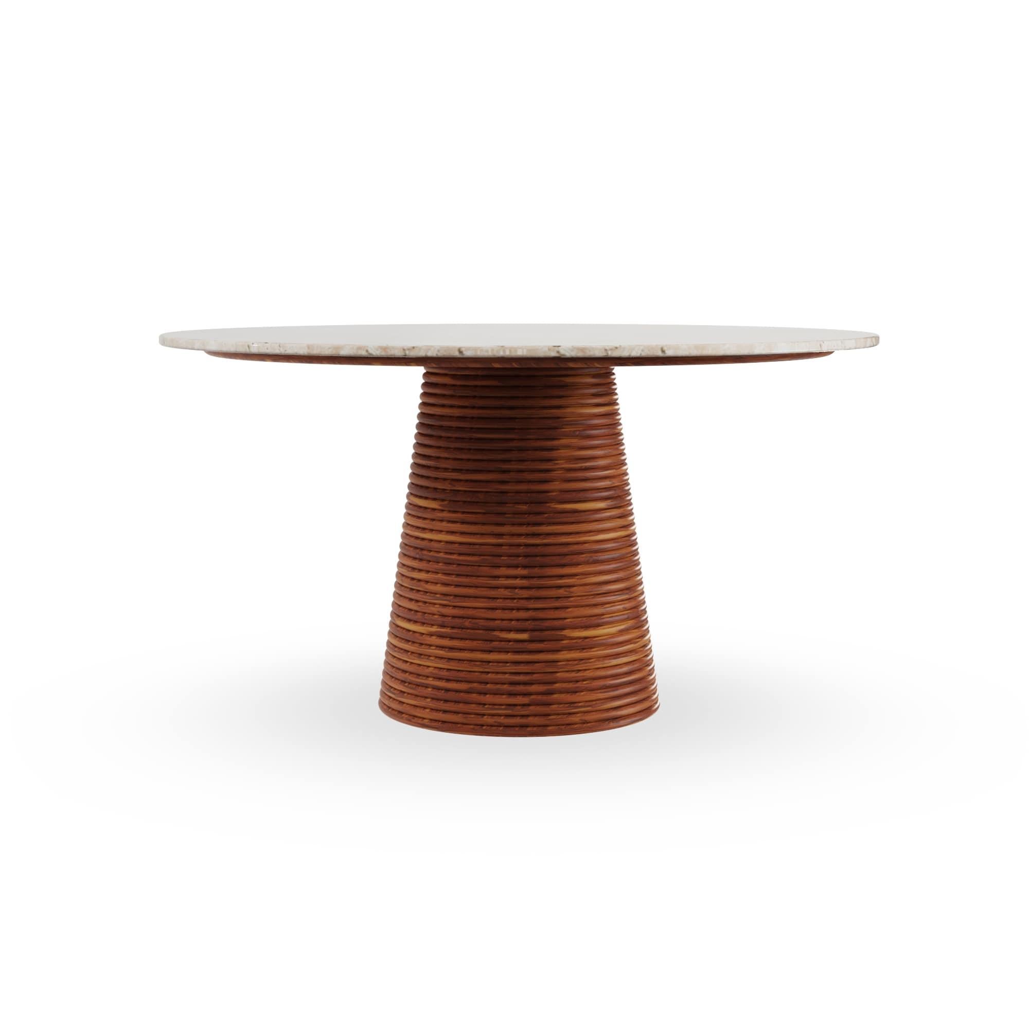 Organico moderno Ravello Outdoor Round Dining Table in Iroko Ribbed Wood with Travertine Top in vendita