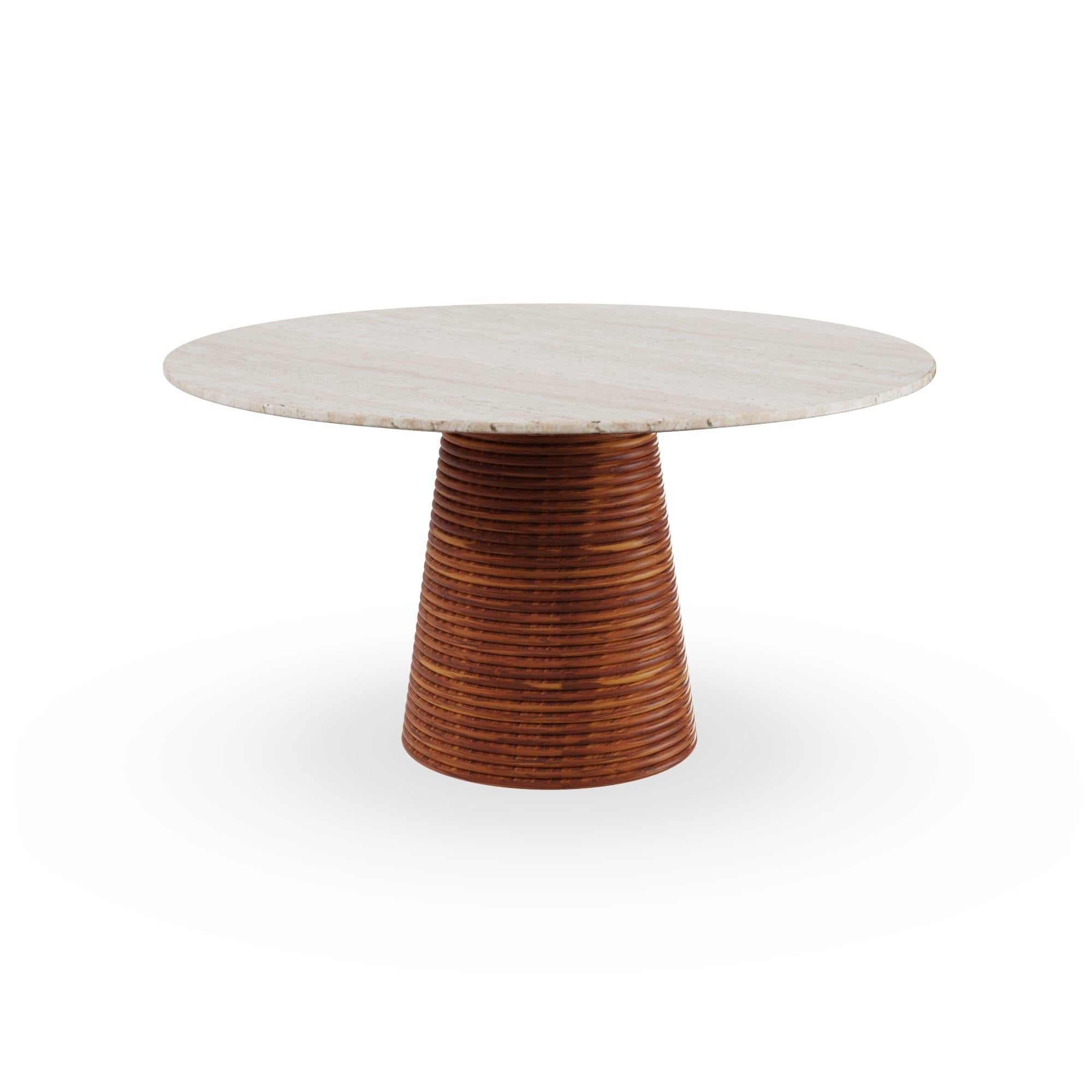 Portoghese Ravello Outdoor Round Dining Table in Iroko Ribbed Wood with Travertine Top in vendita