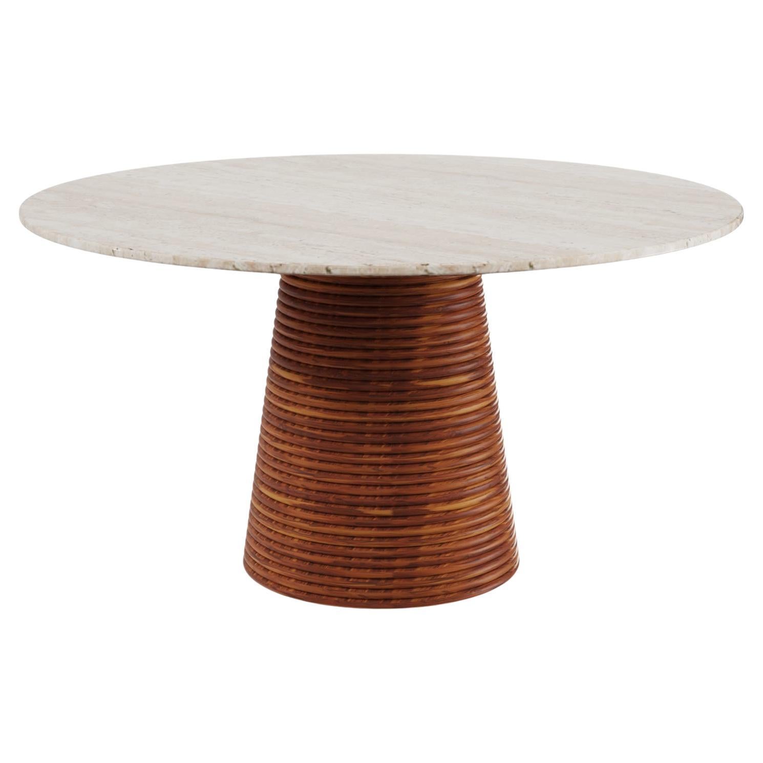 Ravello Outdoor Round Dining Table in Iroko Ribbed Wood with Travertine Top