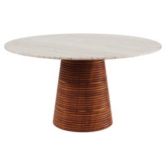 Ravello Outdoor Round Dining Table in Iroko Ribbed Wood with Travertine Top