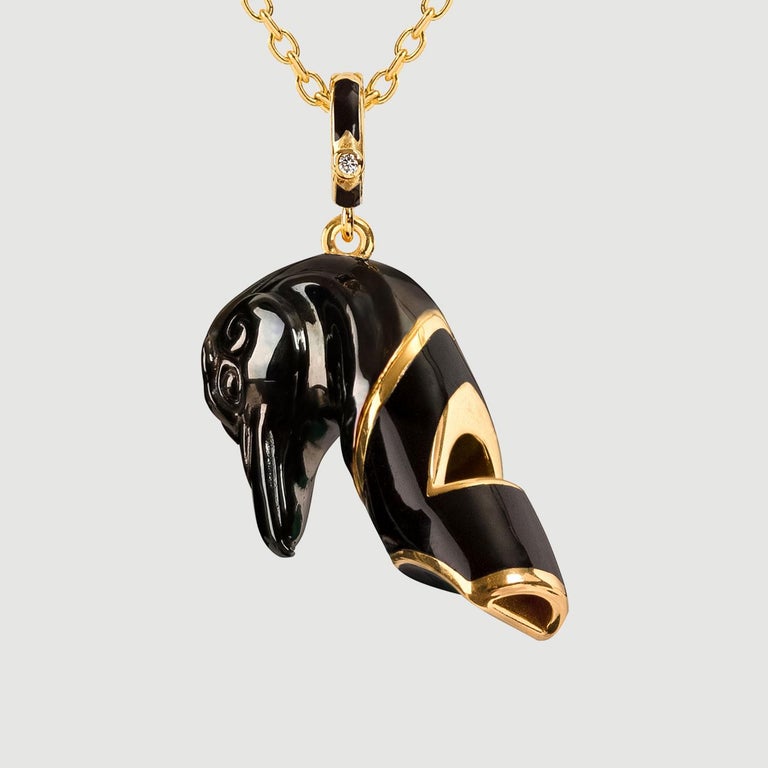 Naimah, Raven Whistle Pendant Necklace, Black Enamel For Sale at 1stDibs
