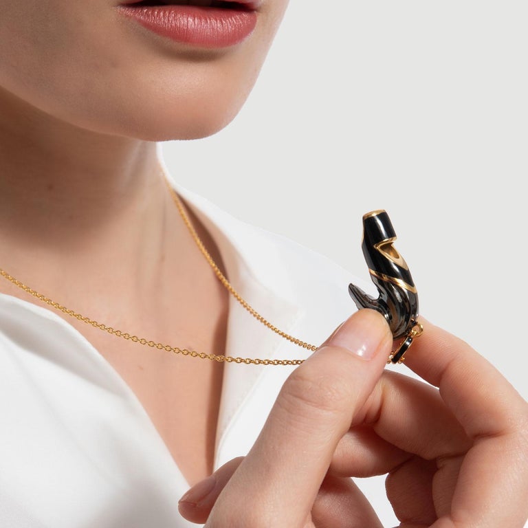 Naimah, Raven Whistle Pendant Necklace, Black Enamel For Sale at 1stDibs