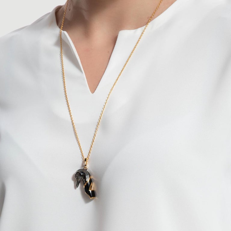Naimah, Raven Whistle Pendant Necklace, Black Enamel For Sale at 1stDibs