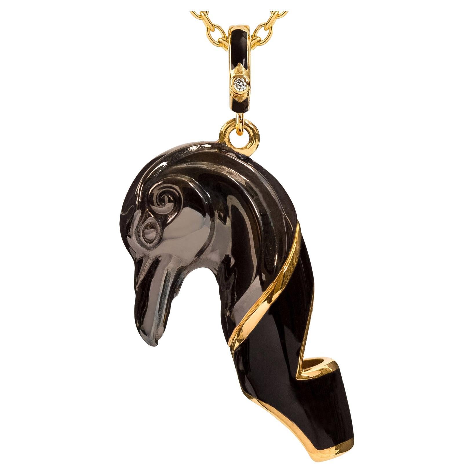 Raven Whistle Pendant Necklace, Black Enamel For Sale