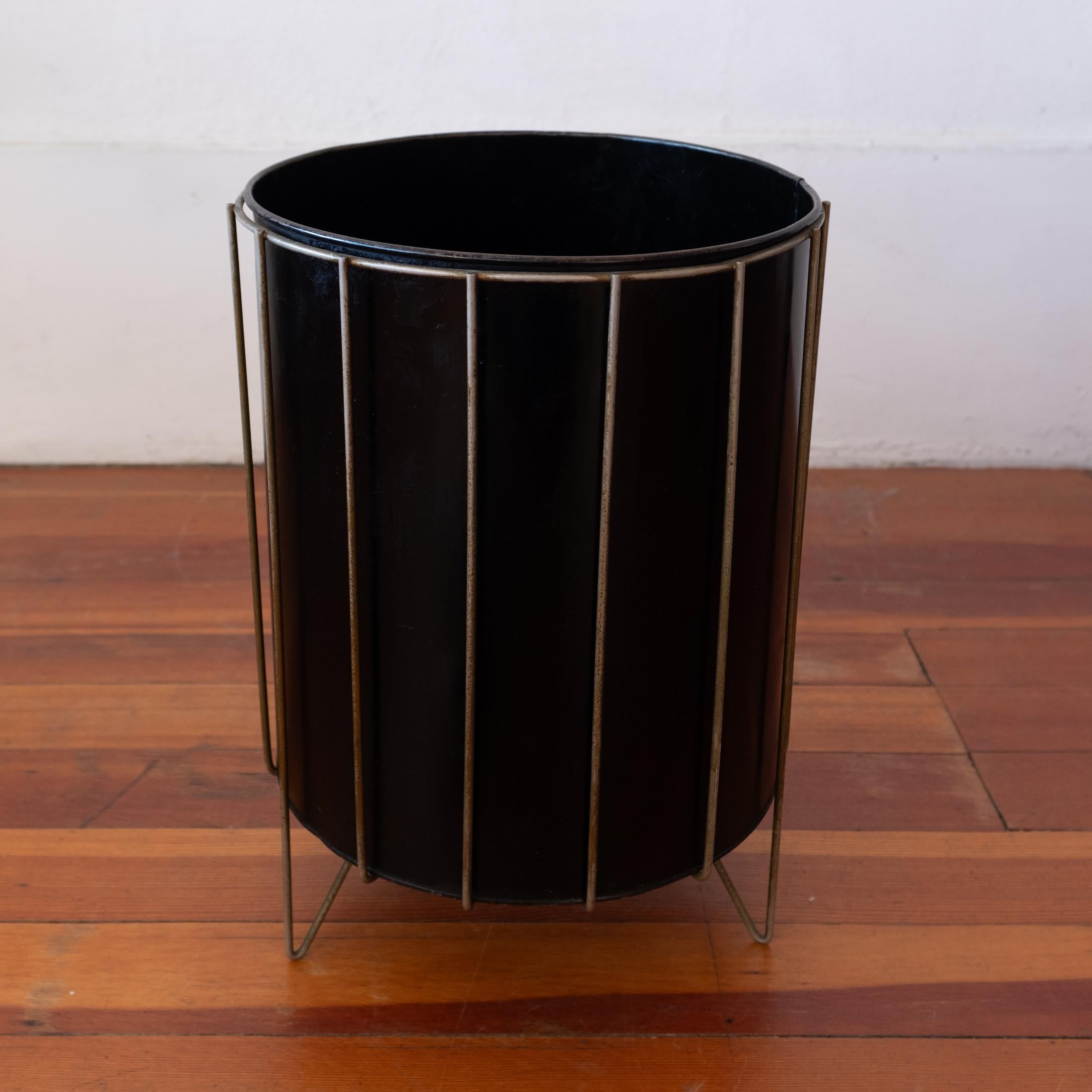 Mid-Century Modern Raveneare Mid Century Brass Hairpin Waste Basket Trash Can