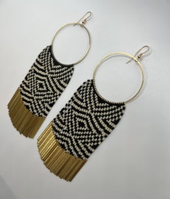 Raven’s Tail Diamonds Beaded Earrings with Long Brass Charms 'Ivory & Black'
