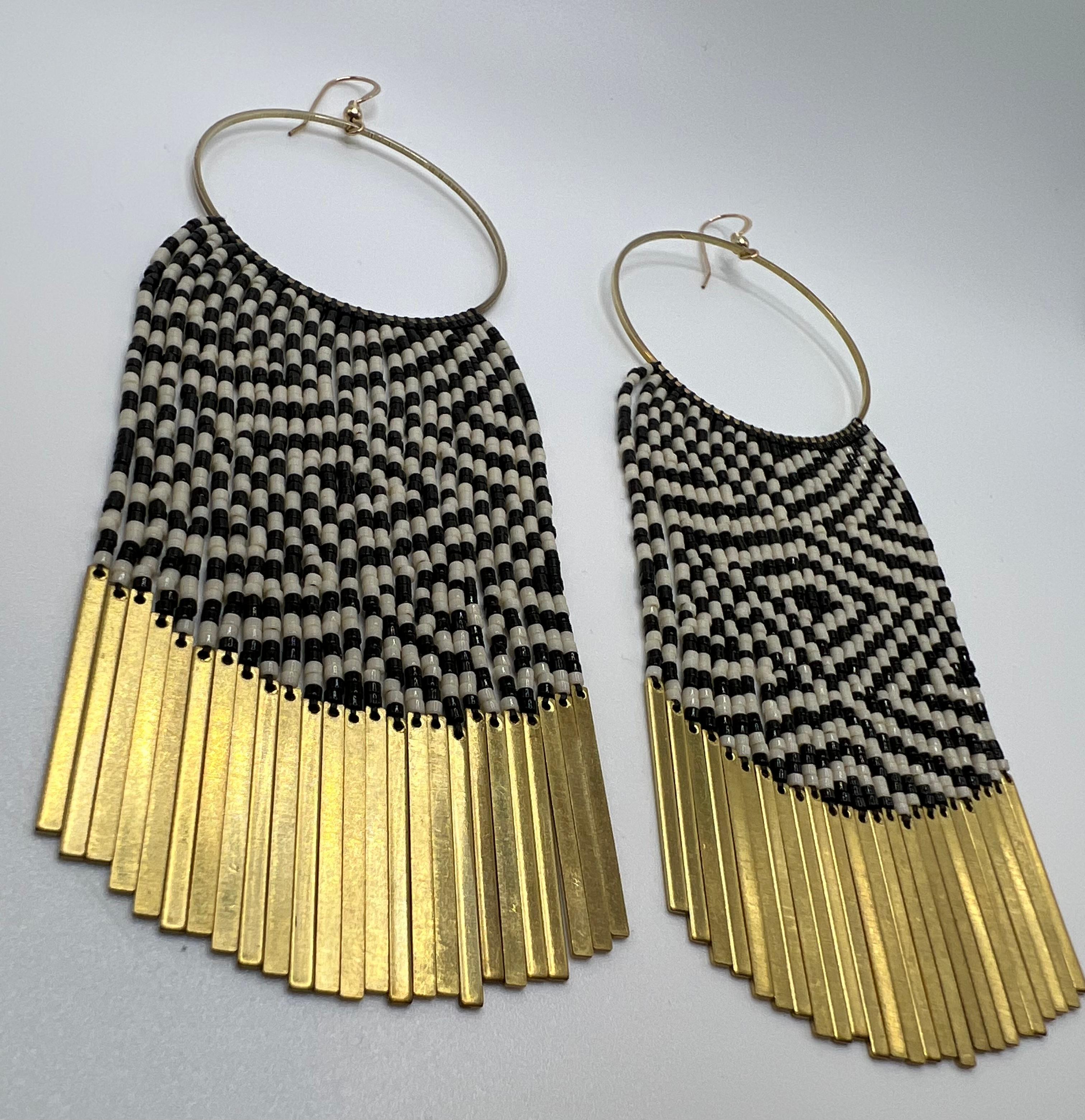 Native American Raven’s Tail Diamonds Beaded Earrings with Long Brass Charms 'Ivory & Black' For Sale