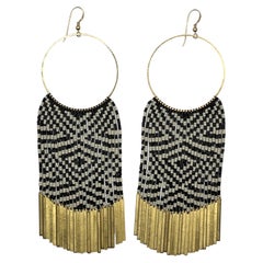 Raven’s Tail Diamonds Beaded Earrings with Long Brass Charms 'Ivory & Black'