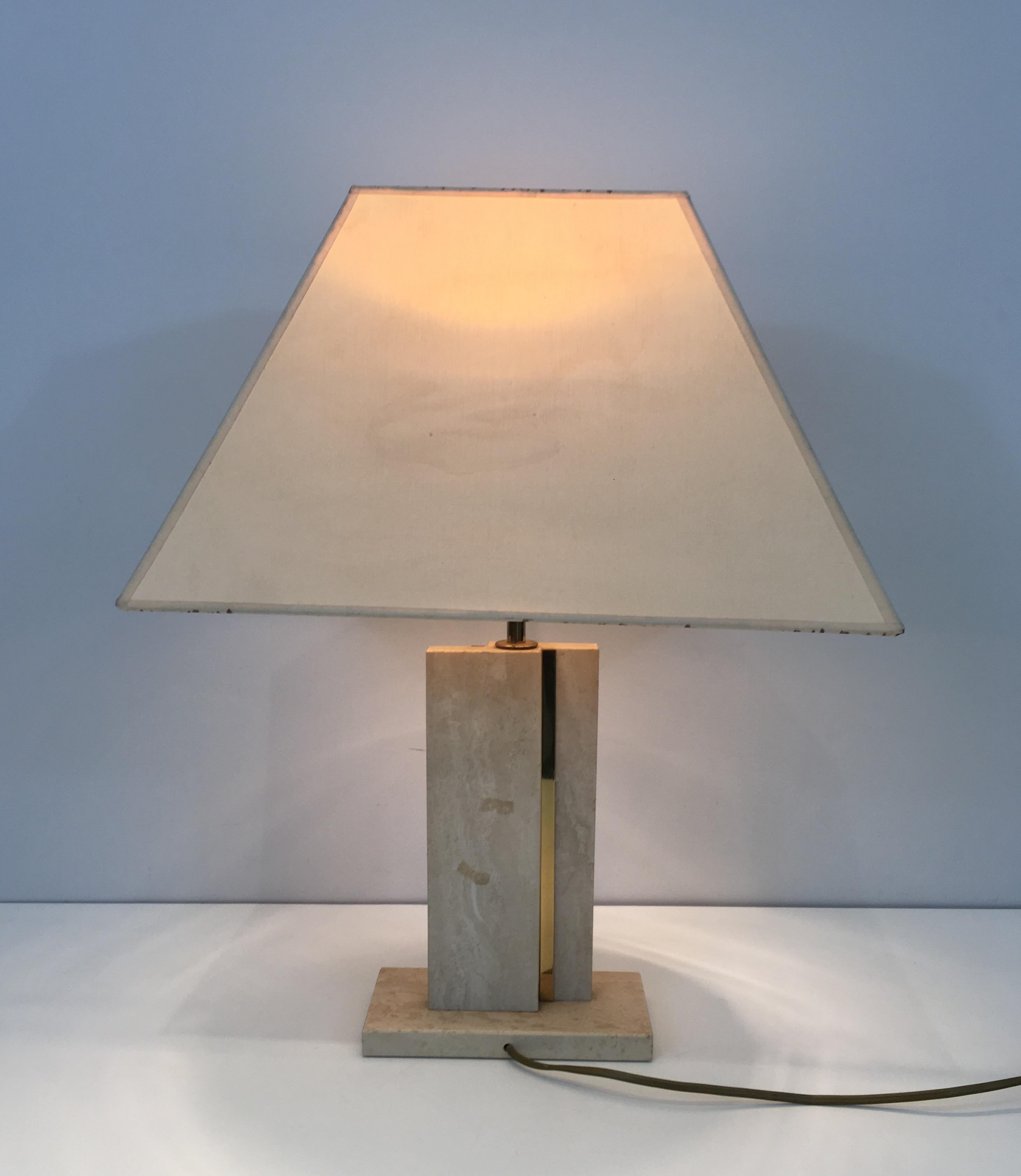 Travertine and Brass Table Lamp with Original Shade, French, circa 1970 For Sale 6