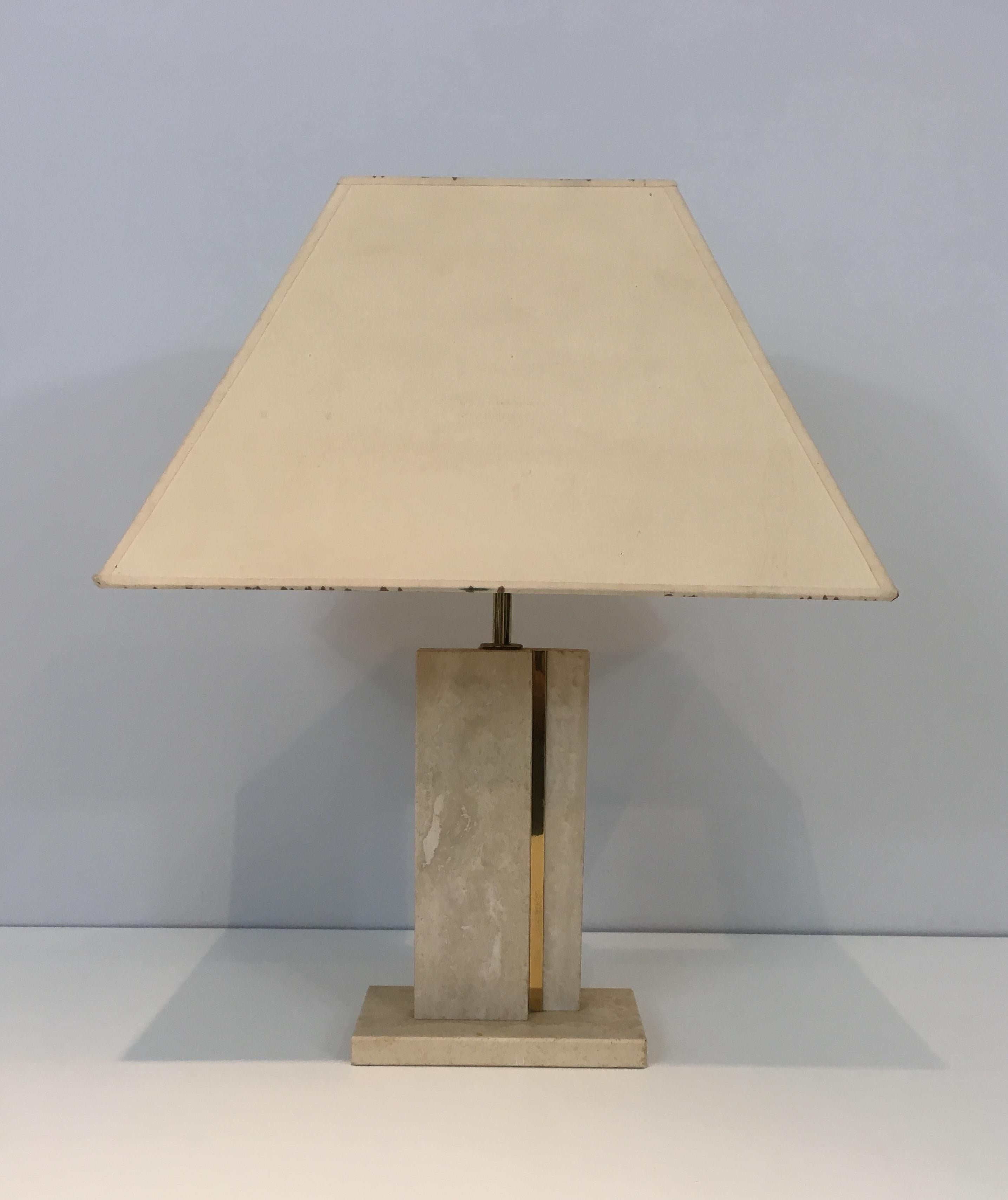 Travertine and Brass Table Lamp with Original Shade, French, circa 1970 For Sale 7