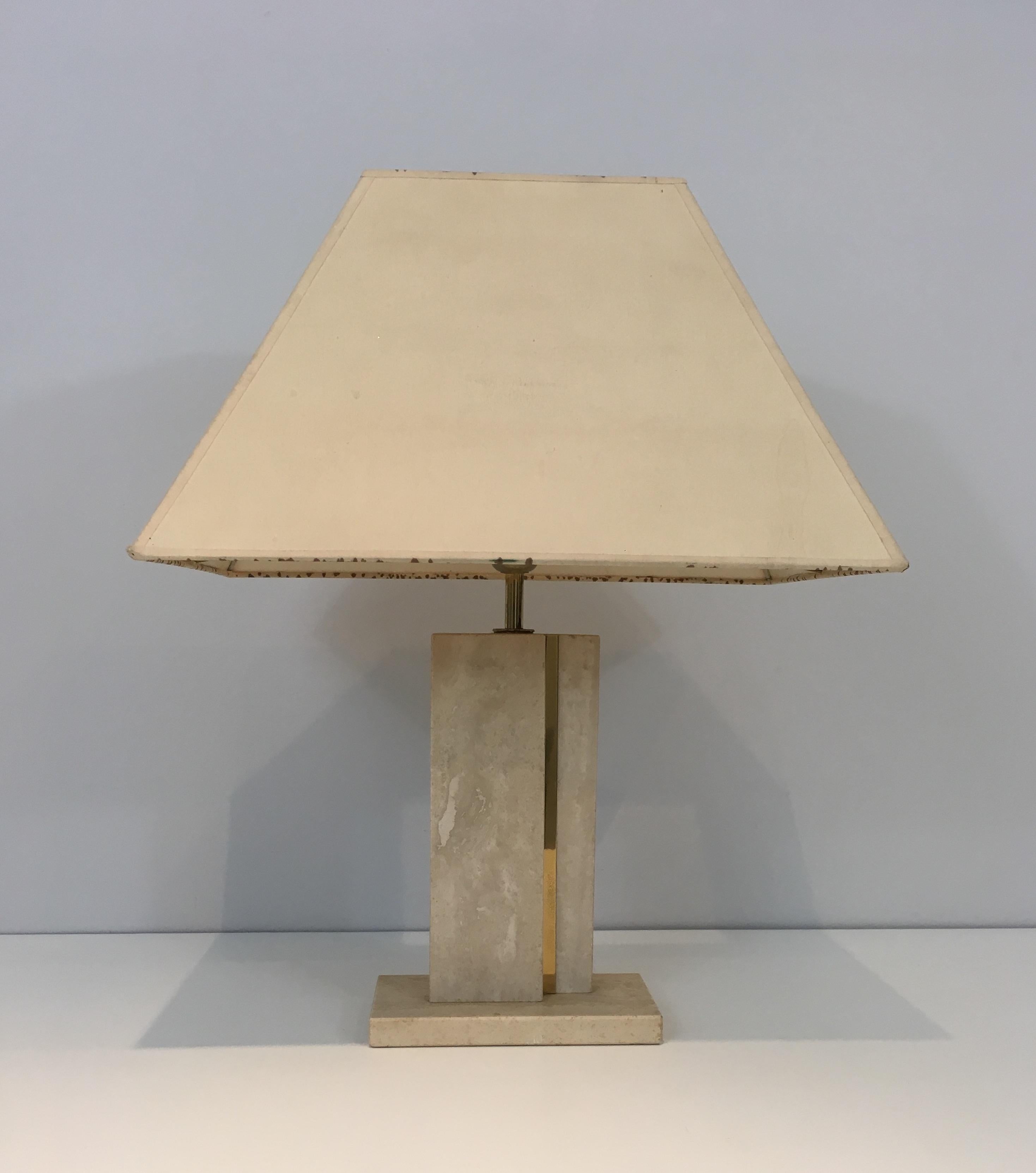 Travertine and Brass Table Lamp with Original Shade, French, circa 1970 For Sale 8