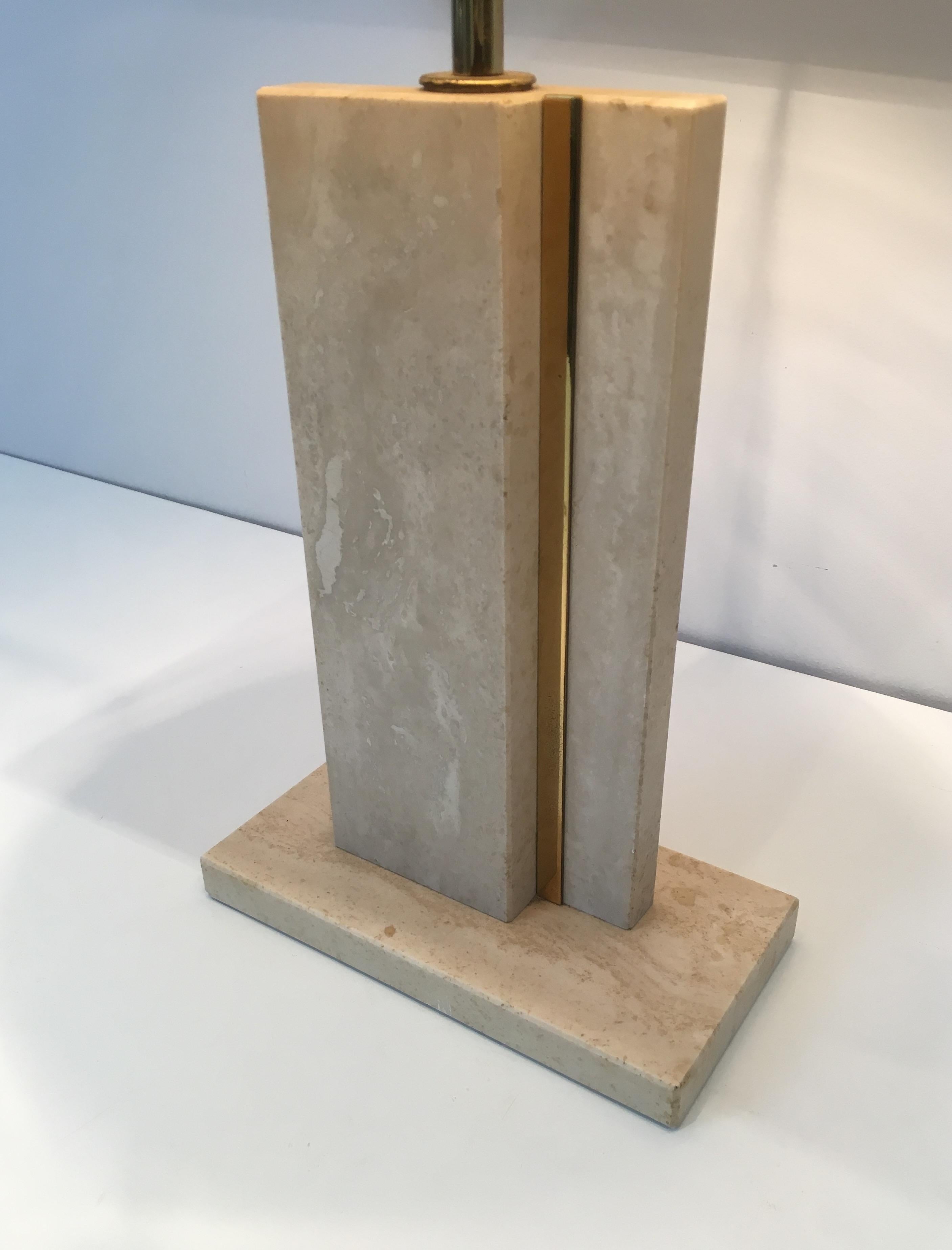 Travertine and Brass Table Lamp with Original Shade, French, circa 1970 For Sale 9