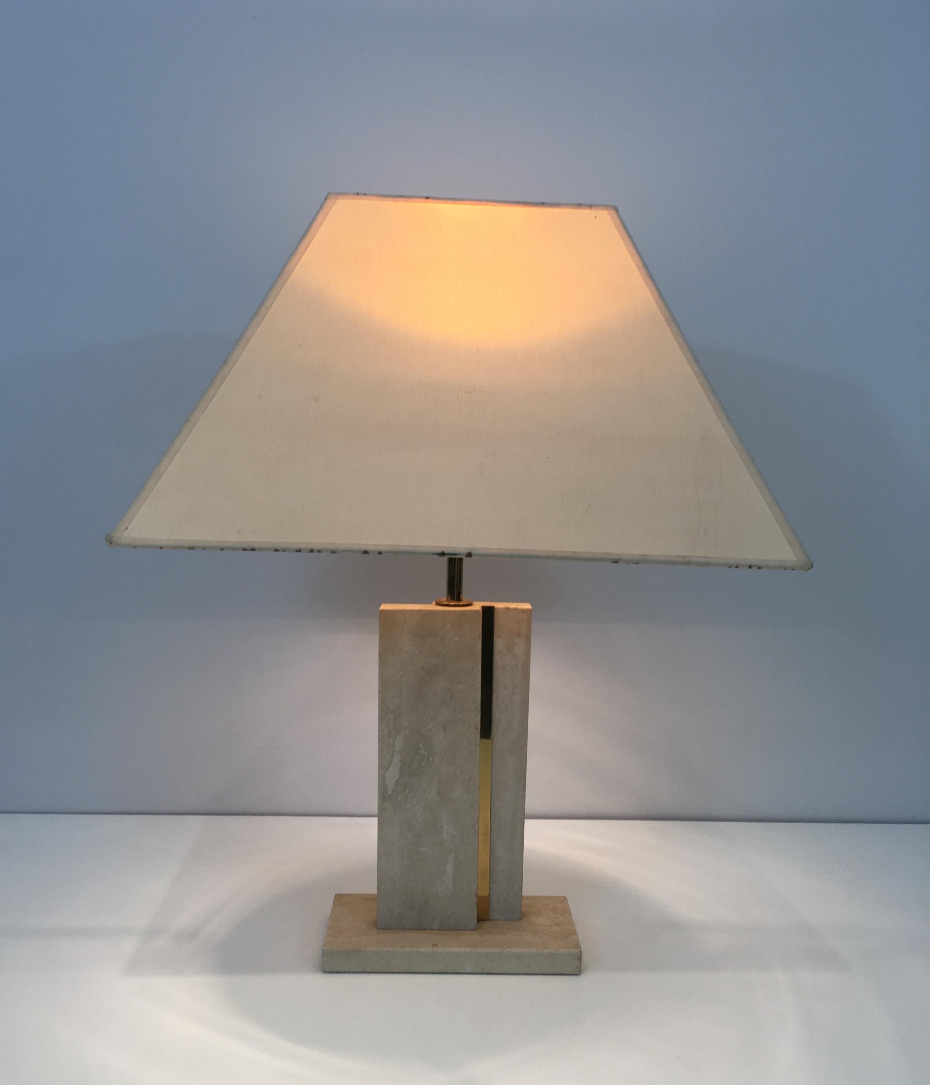 Travertine and Brass Table Lamp with Original Shade, French, circa 1970 For Sale 10