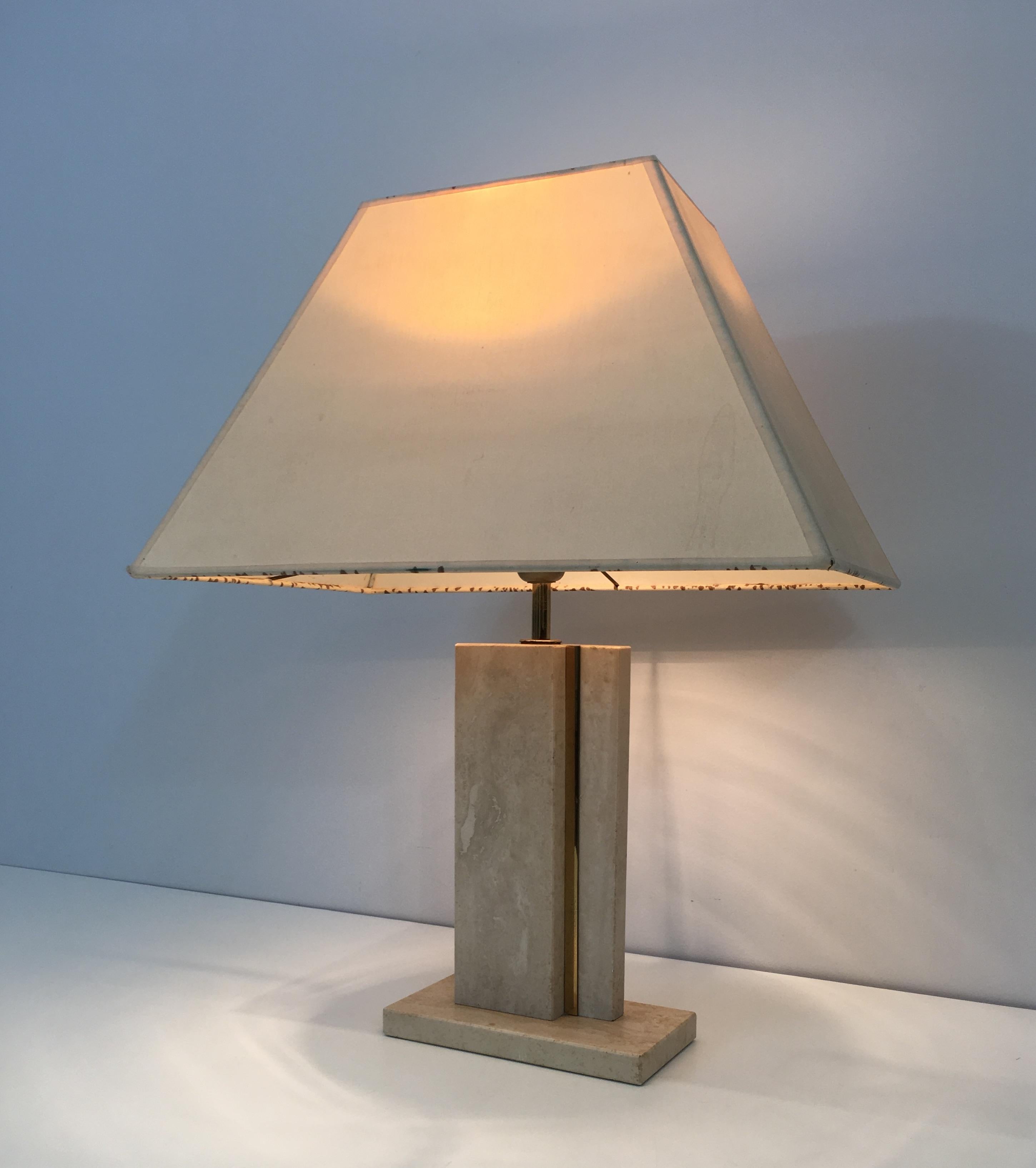 Mid-Century Modern Travertine and Brass Table Lamp with Original Shade, French, circa 1970 For Sale