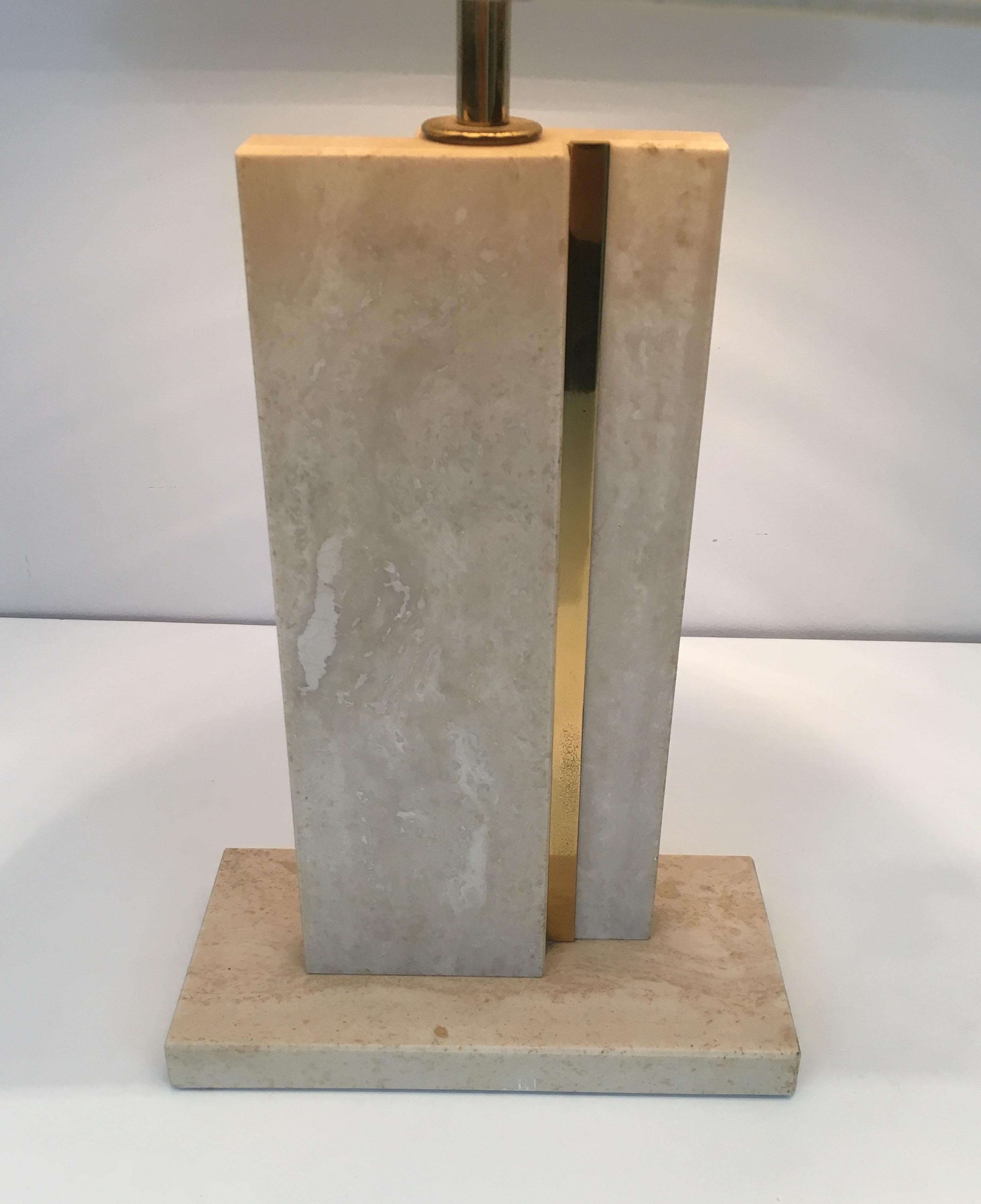 Late 20th Century Travertine and Brass Table Lamp with Original Shade, French, circa 1970 For Sale