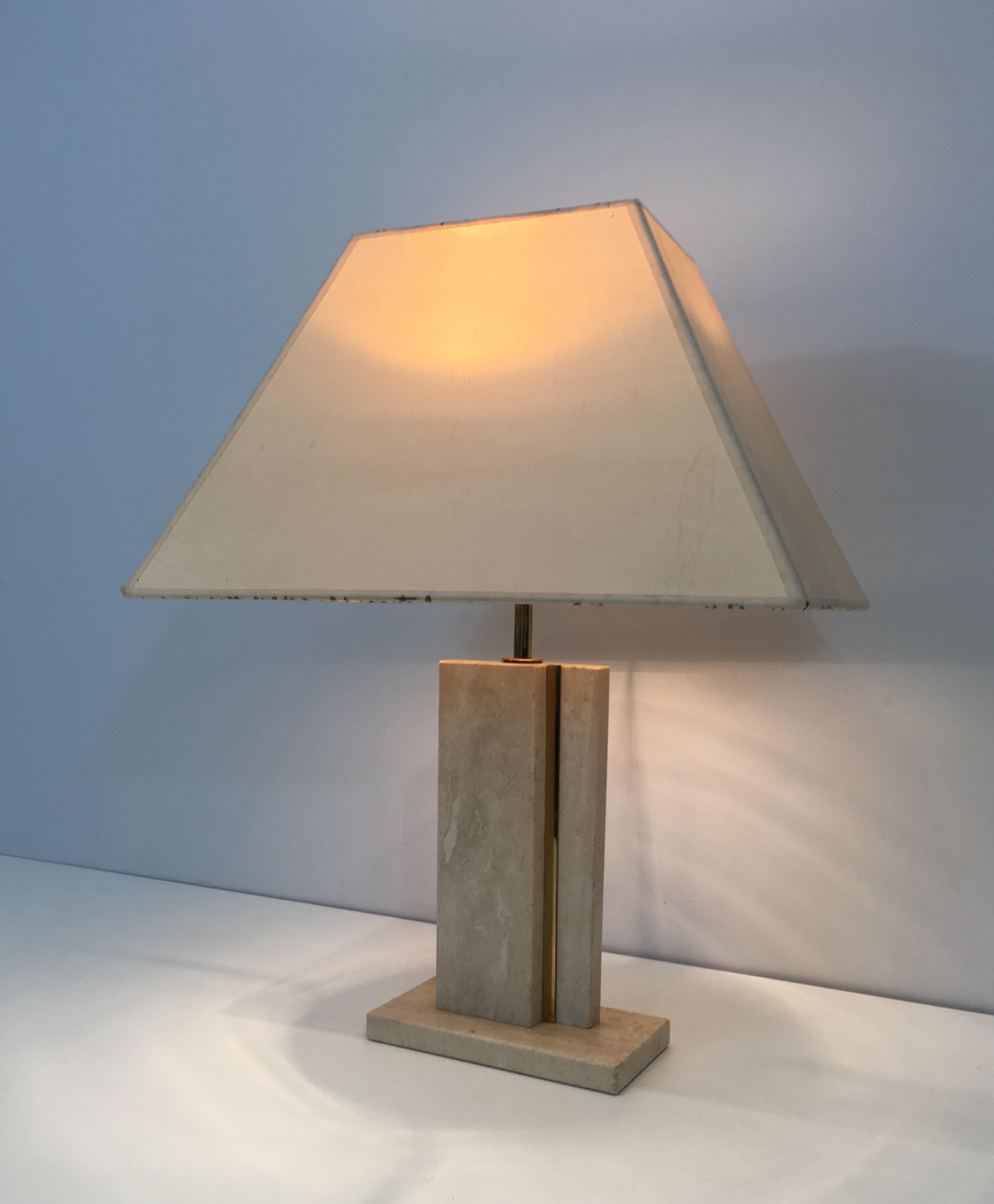 Travertine and Brass Table Lamp with Original Shade, French, circa 1970 For Sale 4