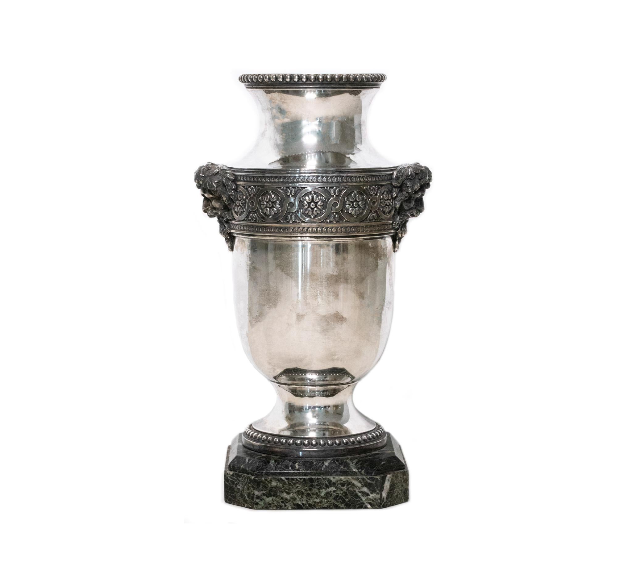 French Ravinet & Co Paris 1912 Louis XVI Neoclassical Urn Vase Bacchus in .950 Silver For Sale