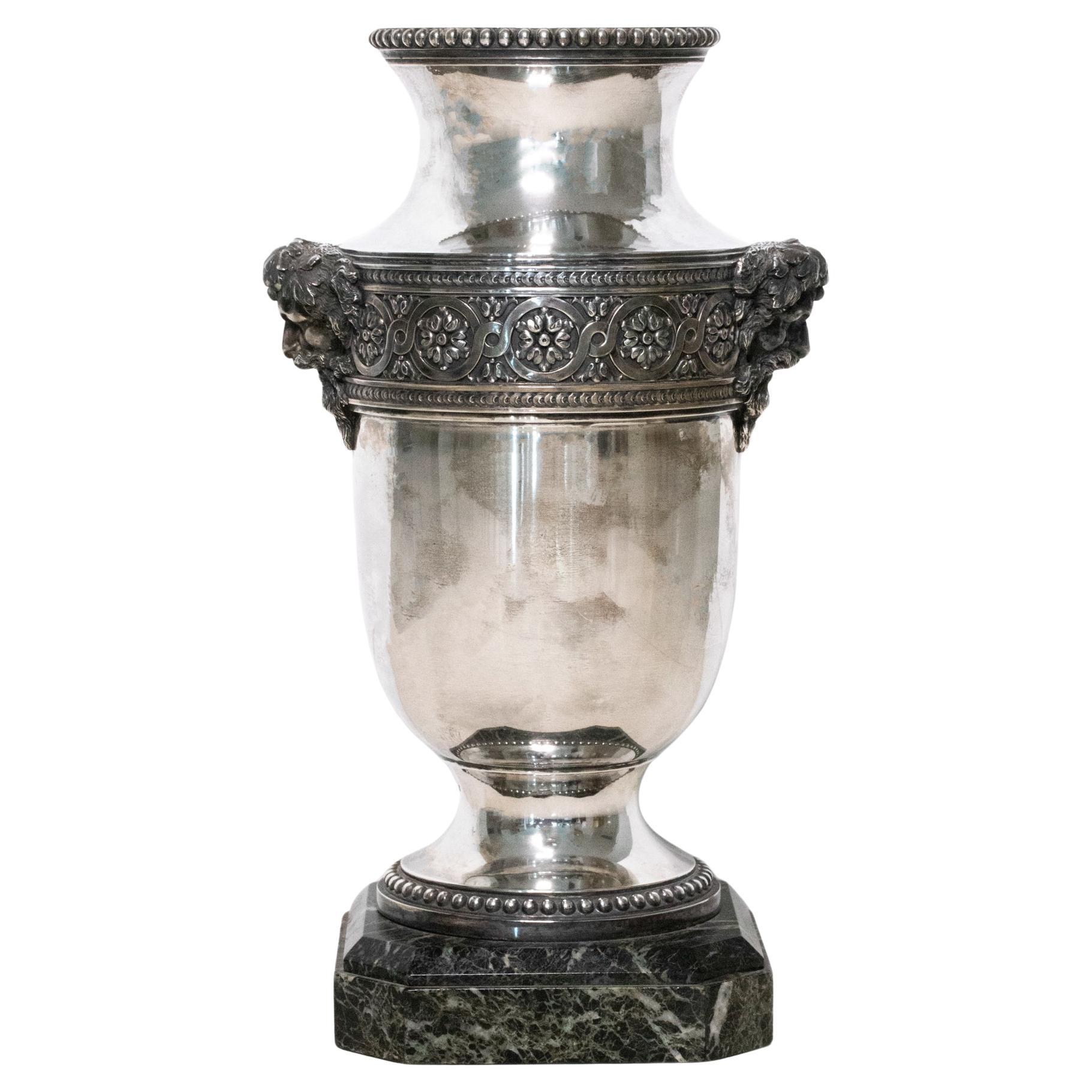 Ravinet & Co Paris 1912 Louis XVI Neoclassical Urn Vase Bacchus in .950 Silver For Sale
