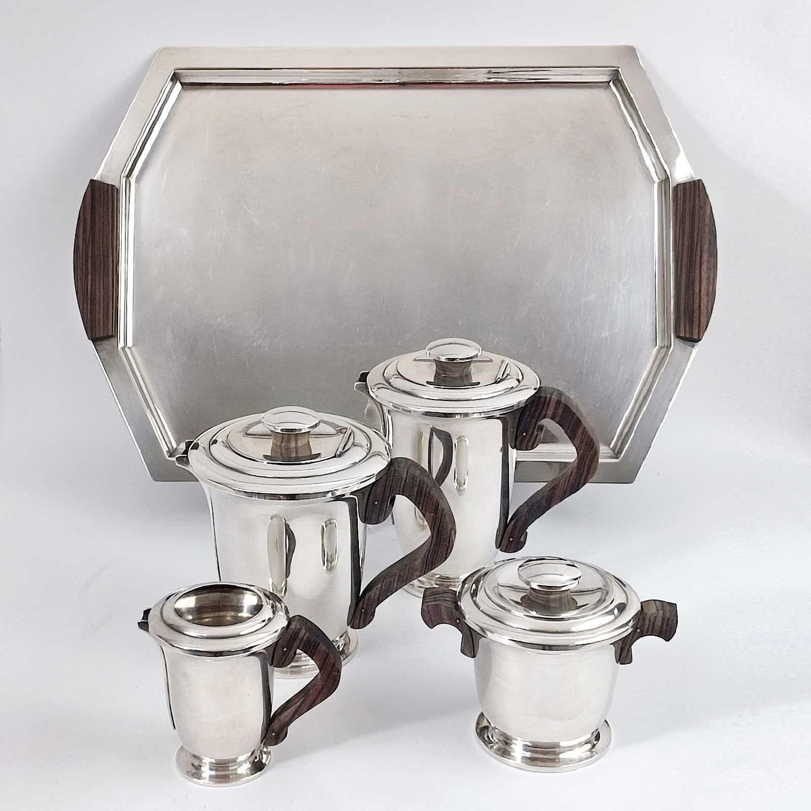 French Ravinet d'Enfert Art Deco Tea & Coffee Set, Silver Plate & Makassar Ebony, 1930s For Sale