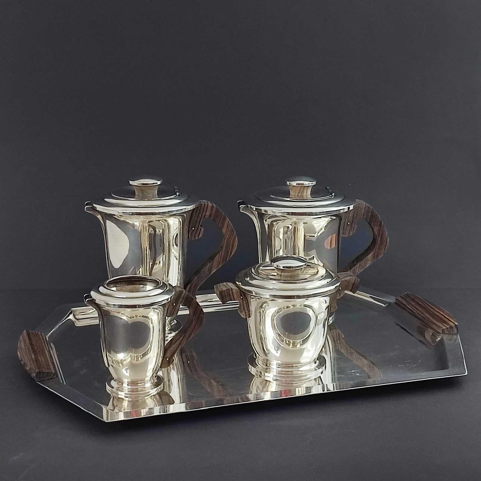 Silvered Ravinet d'Enfert Art Deco Tea & Coffee Set, Silver Plate & Makassar Ebony, 1930s For Sale