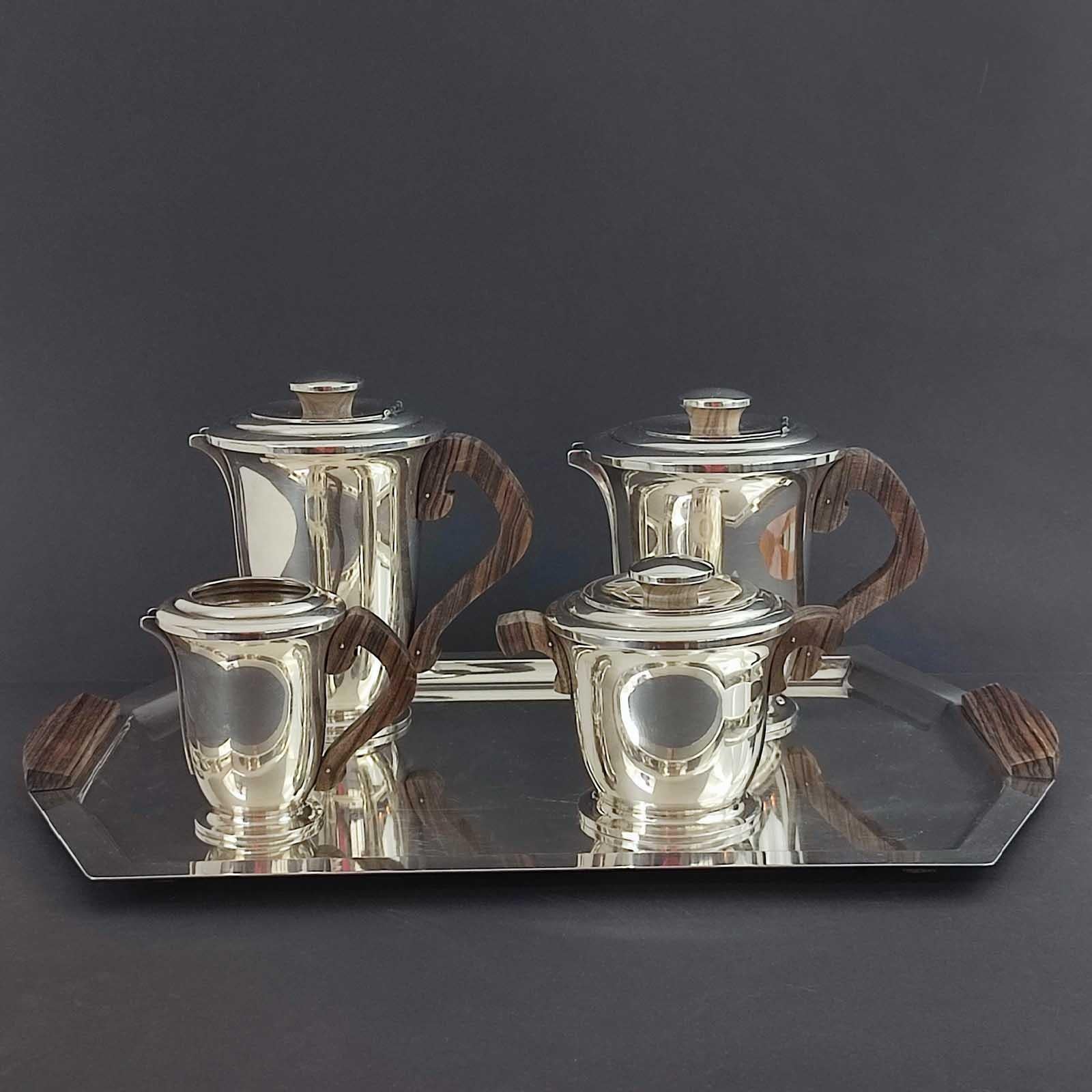 Ravinet d'Enfert Art Deco Tea & Coffee Set, Silver Plate & Makassar Ebony, 1930s In Good Condition For Sale In Bochum, NRW