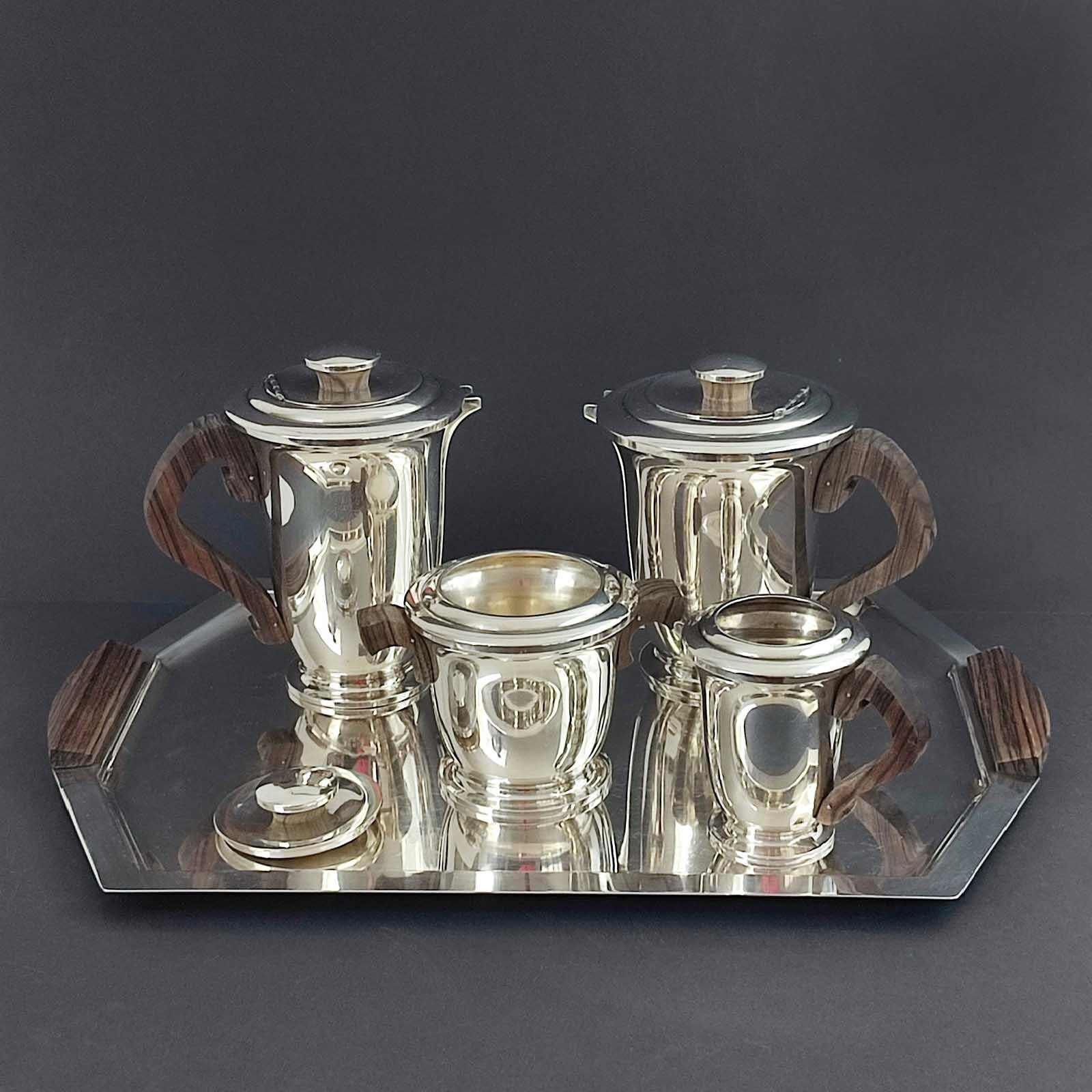 Mid-20th Century Ravinet d'Enfert Art Deco Tea & Coffee Set, Silver Plate & Makassar Ebony, 1930s For Sale