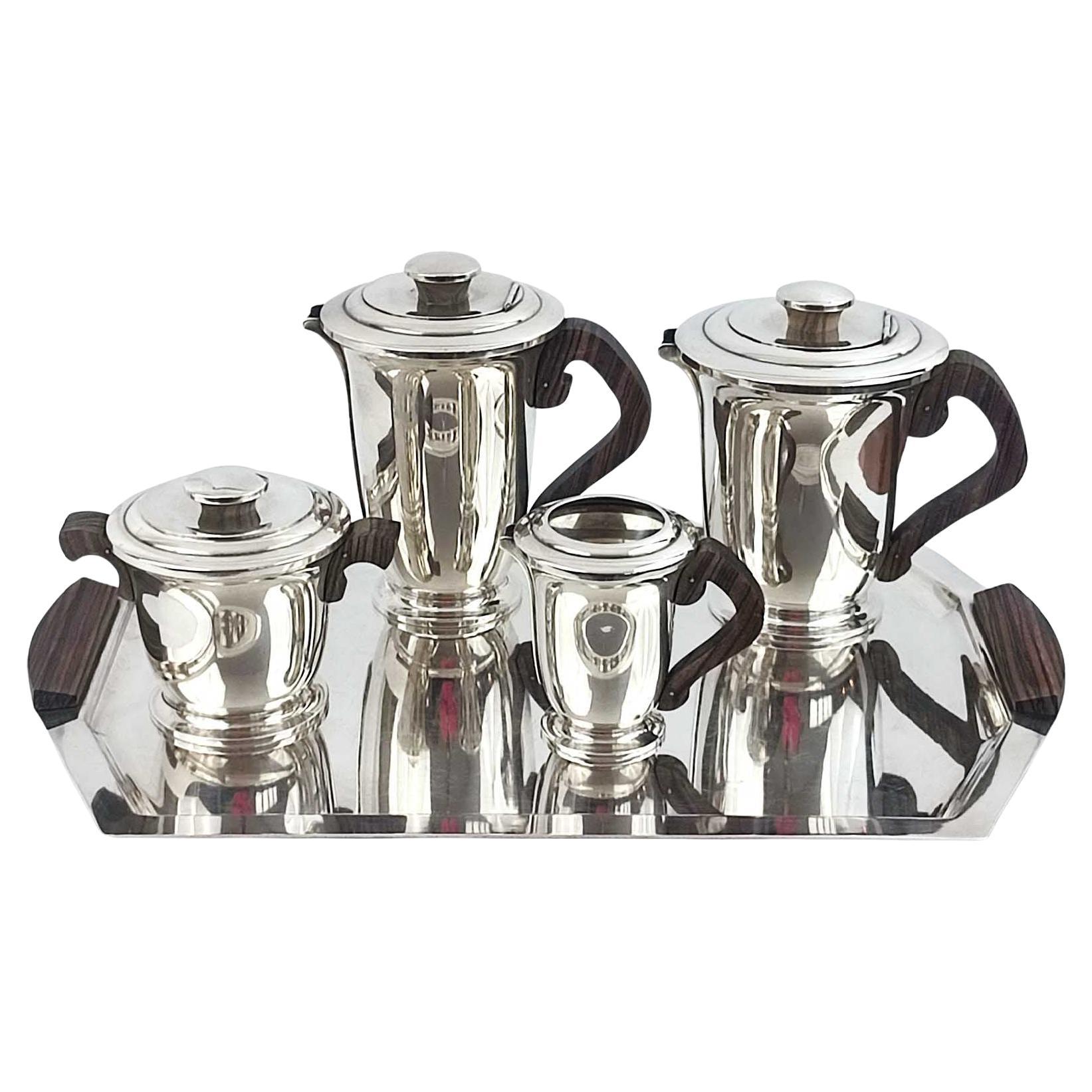 Juego de té y café Art Déco Ravinet d'Enfert, plancha de plata y ébano de Makassar, años 30