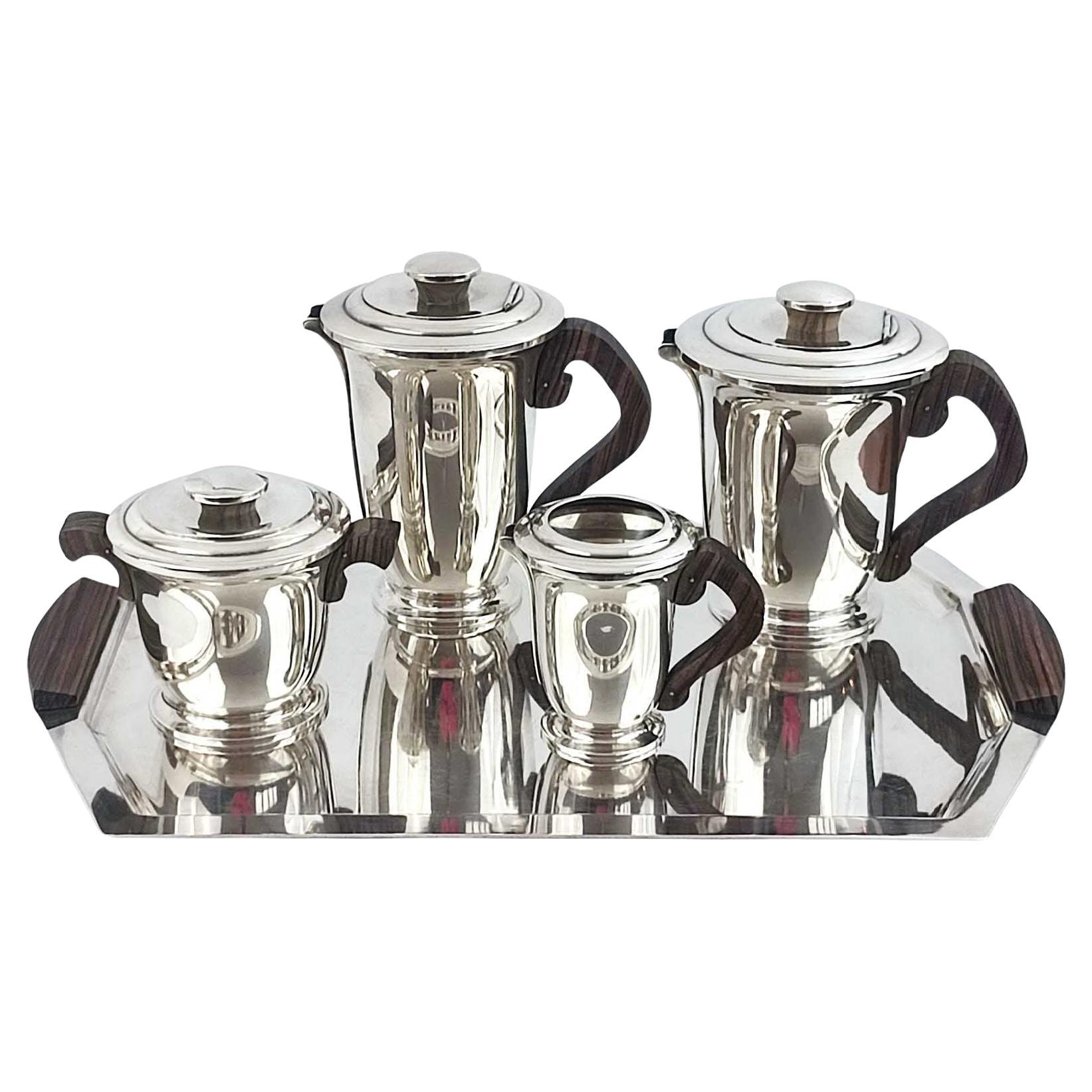 Ravinet d'Enfert Art Deco-Tee- und Kaffeeservice, versilbert und Makassar-Ebenholz, 1930er Jahre