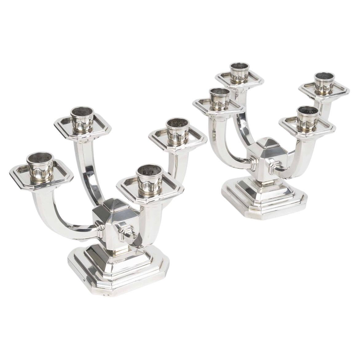 Ravinet d’Enfert – Pair of Art Deco Solid Silver Candelabra For Sale