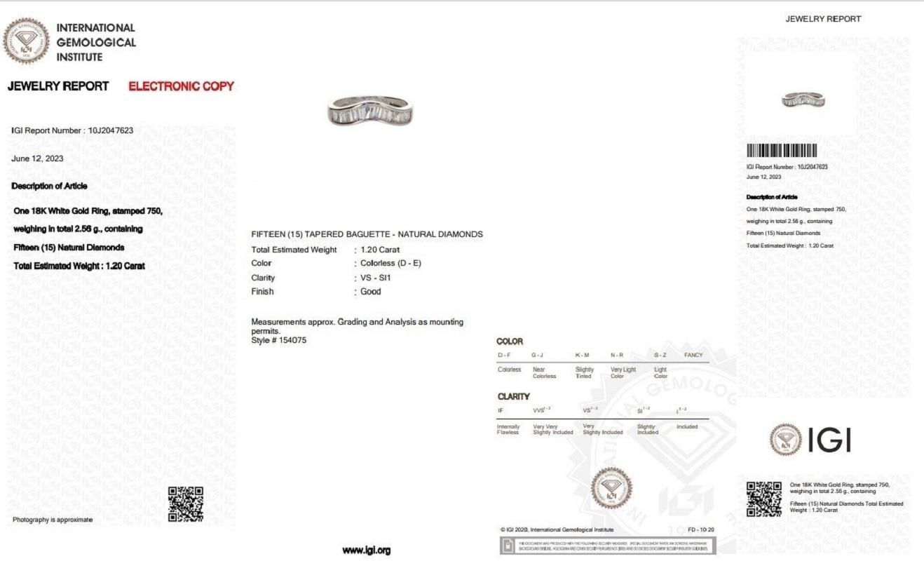 Tapered Baguette Ravishing 18k White Gold Pave Stack Ring w/ 1.2 ct Natural Diamonds IGI Cert For Sale