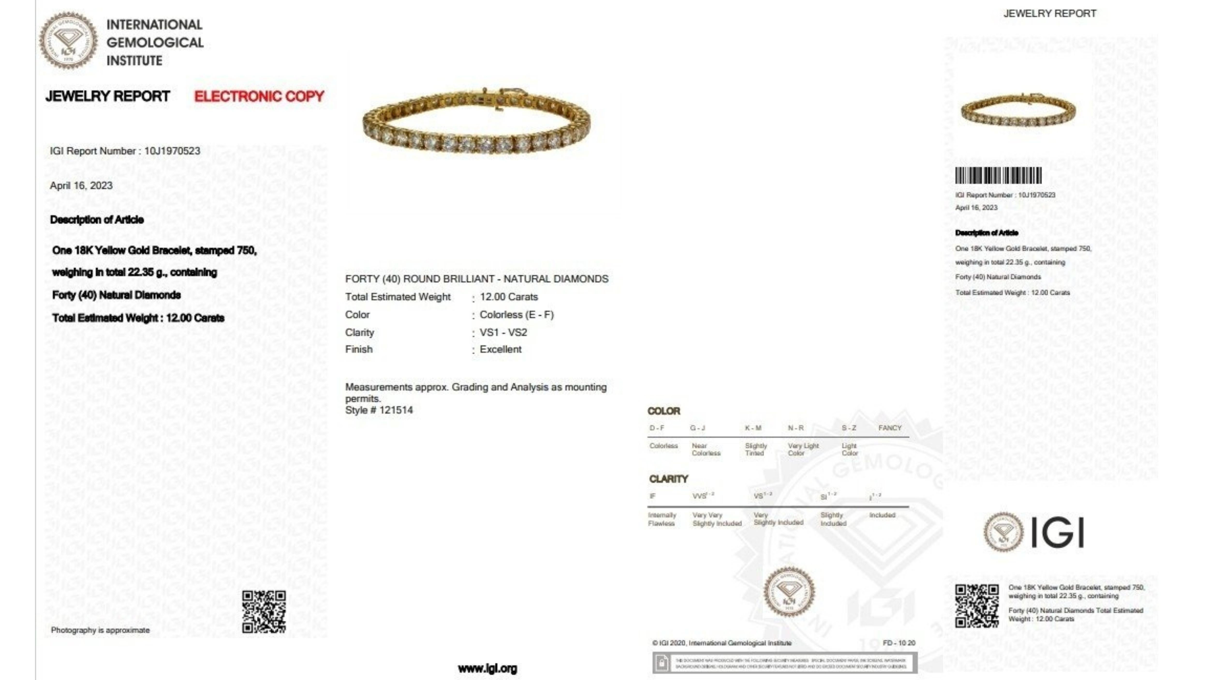 A luxurious gold tennis bracelet with ideal cut round brilliant diamonds in 12-carat round brilliant diamonds. The jewelry is made of 18k Yellow Gold with a high-quality polish. It comes with an IGI certificate and a fancy jewelry box.

40 diamonds