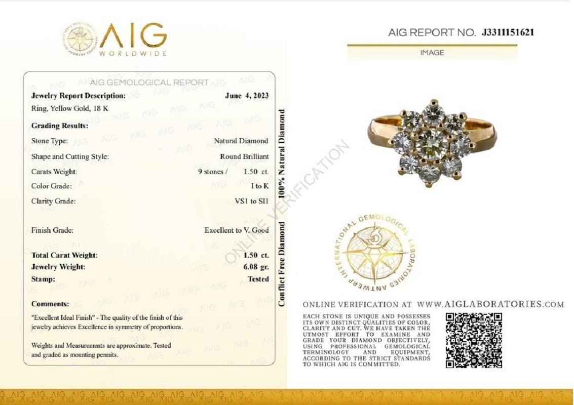 Round Cut Ravishing 18k Yellow Gold Flower Ring w/ 1.50ct Natural Diamonds AIG Certificate For Sale
