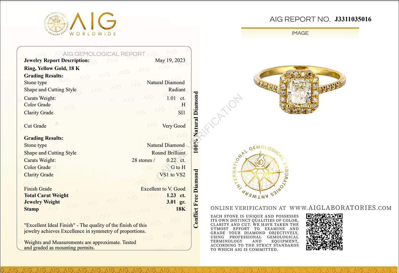 A gorgeous halo pave ring with a dazzling 1.01 carat radiant natural diamond. It has 0.22 carat of side diamonds which add more to its elegance. The jewelry is made of 18K Yellow Gold with a high quality polish. It comes with AIG certificate and a