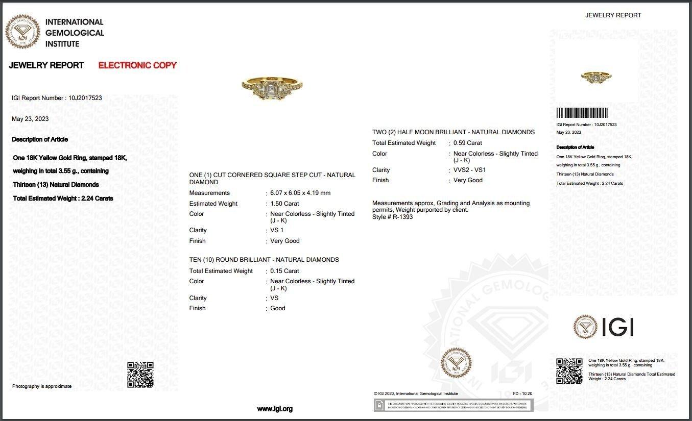 A beautiful ring with a dazzling 1.5 carat cut cornered square step natural diamonds. It has 0.59 carat of side diamonds which add more to its elegance. The jewelry is made of 18K Yellow with a high quality polish. It comes with IGI certificate and