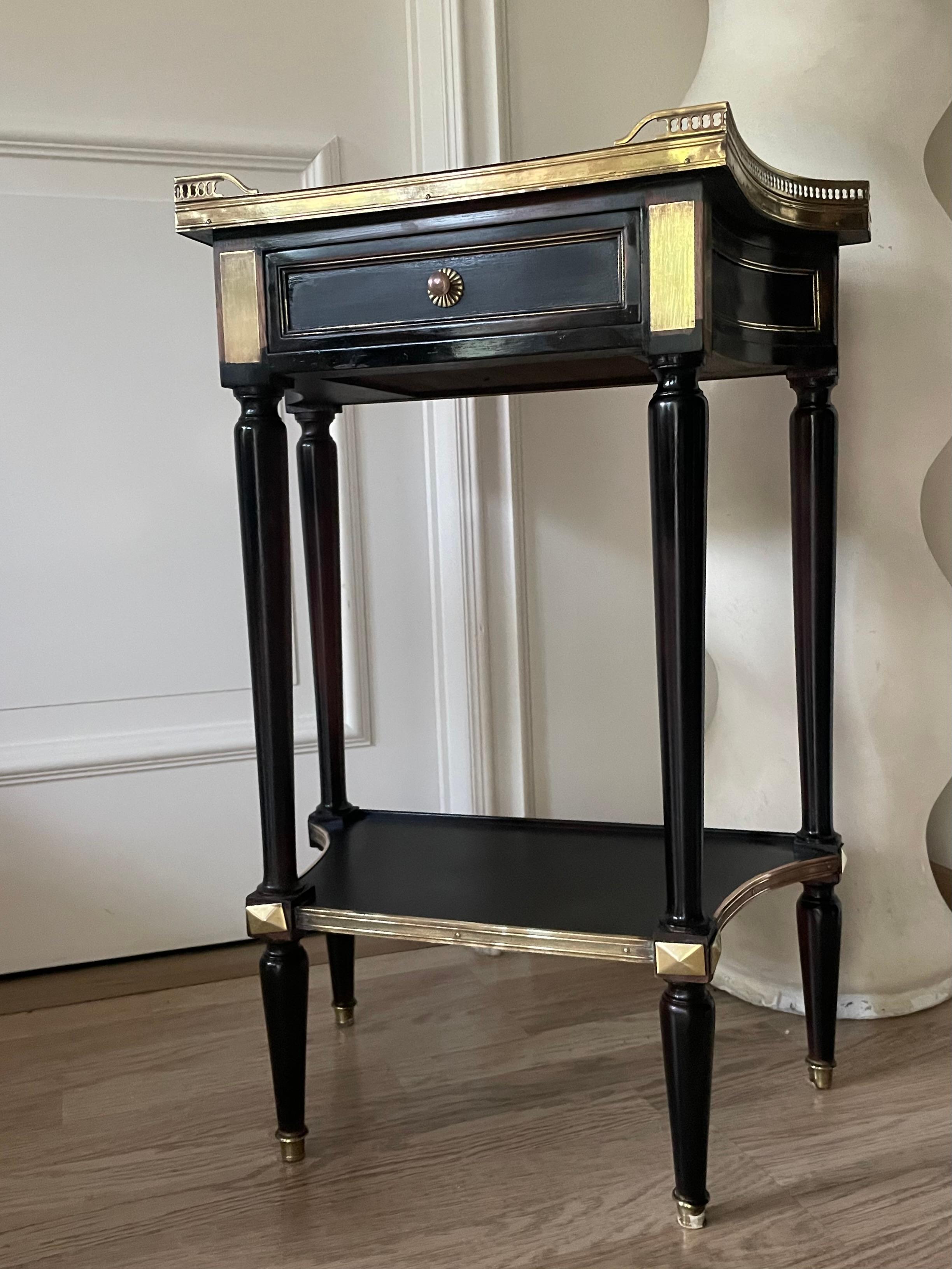 Brass Ravishing Black Lacquer Two-Tier Console Table by Maison Jansen, France 1950. For Sale