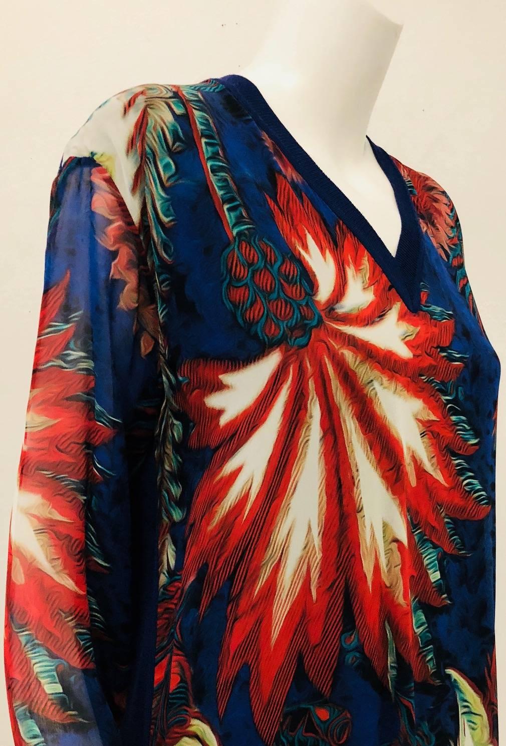 Black Ravishing Roberto Cavalli Silk Blue & Red Floral Print Long Sleeve Mini Dress For Sale