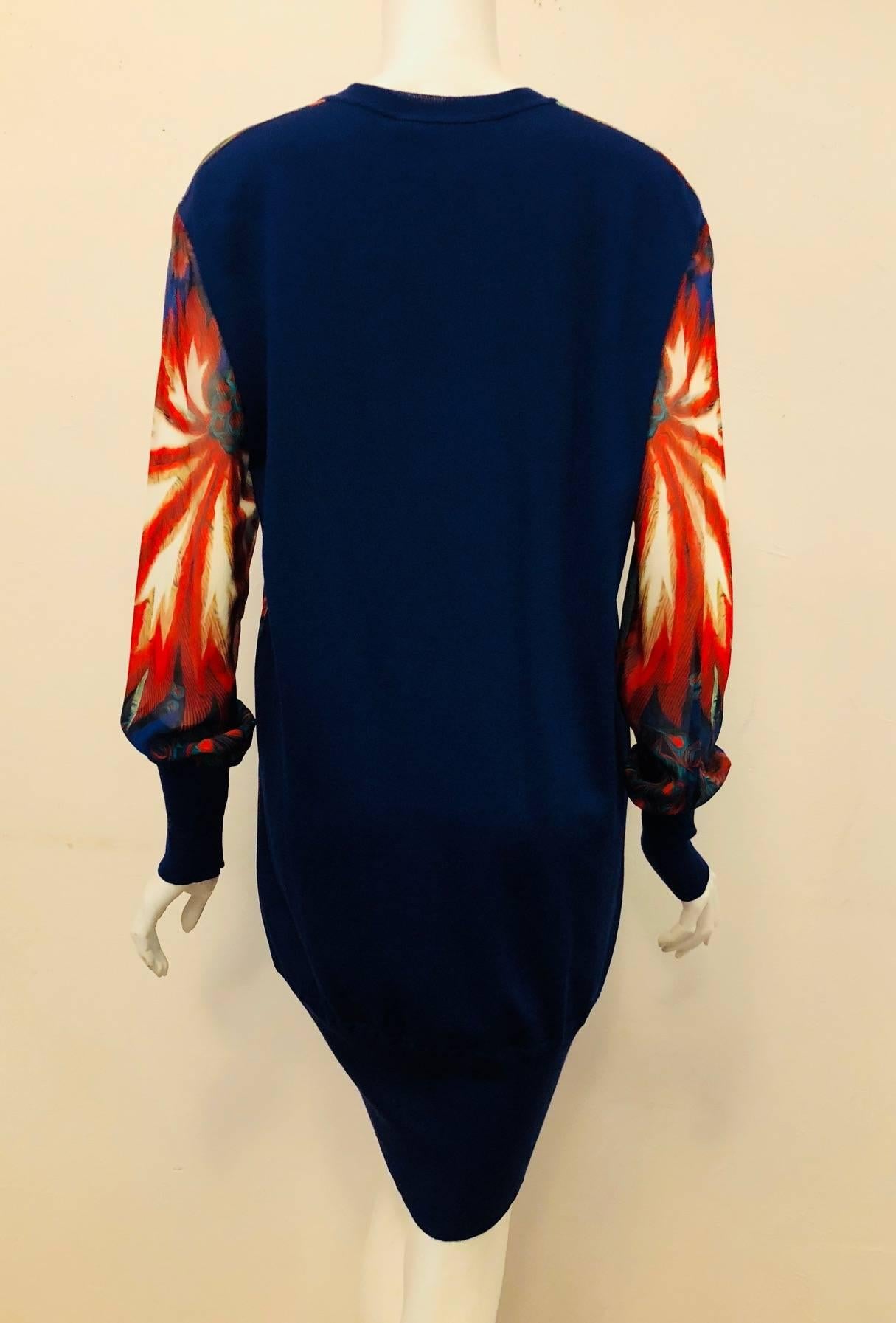 Ravishing Roberto Cavalli Silk Blue & Red Floral Print Long Sleeve Mini Dress In Good Condition For Sale In Palm Beach, FL