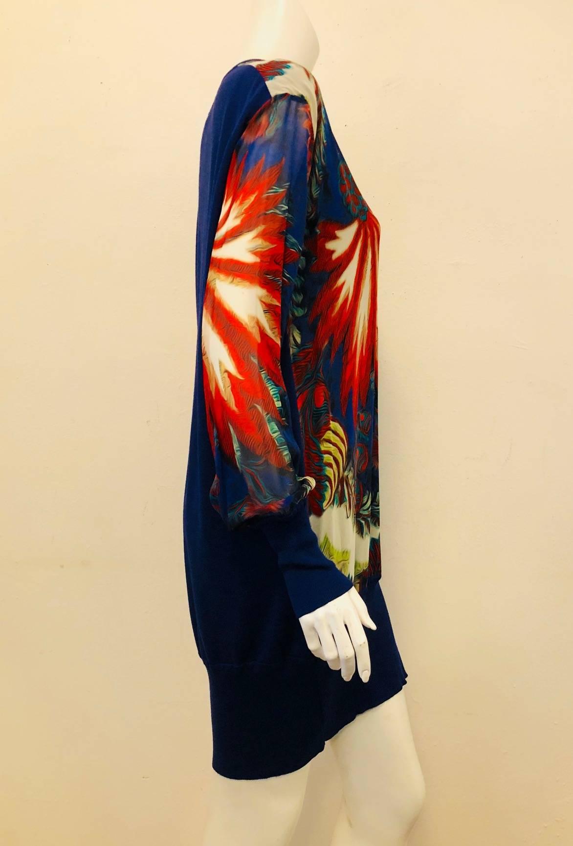 Women's Ravishing Roberto Cavalli Silk Blue & Red Floral Print Long Sleeve Mini Dress For Sale