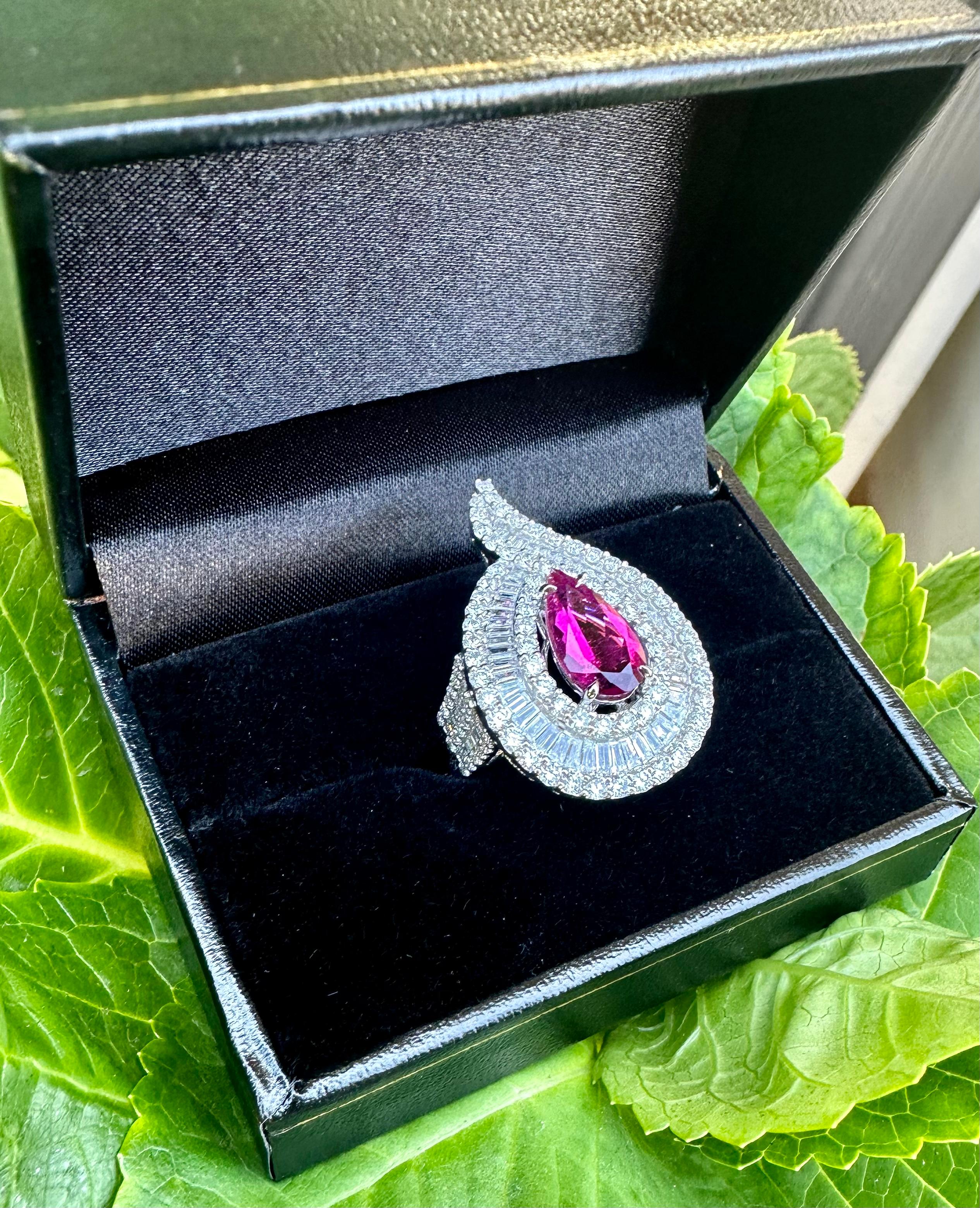 Contemporary Ravishing Rubellite & Diamond Tear Drop Pear Shaped 18K White Gold Cocktail Ring For Sale