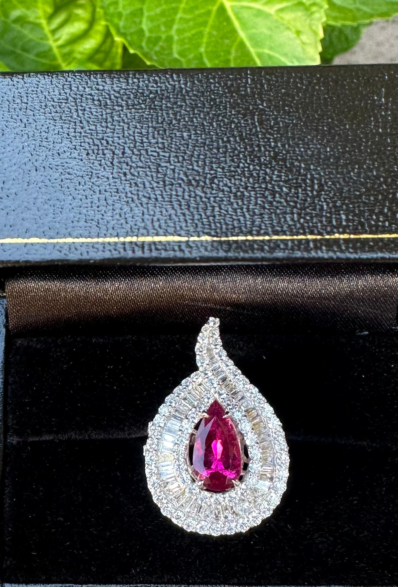 Baguette Cut Ravishing Rubellite & Diamond Tear Drop Pear Shaped 18K White Gold Cocktail Ring For Sale