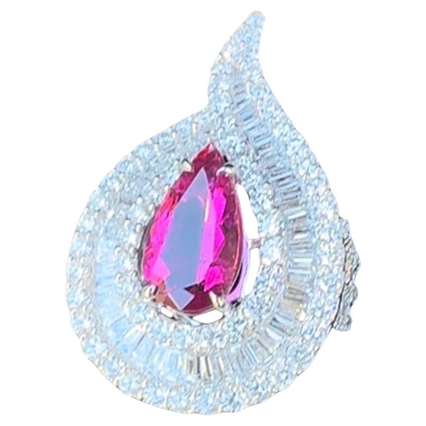 Ravishing Rubellite & Diamond Tear Drop Pear Shaped 18K White Gold Cocktail Ring For Sale