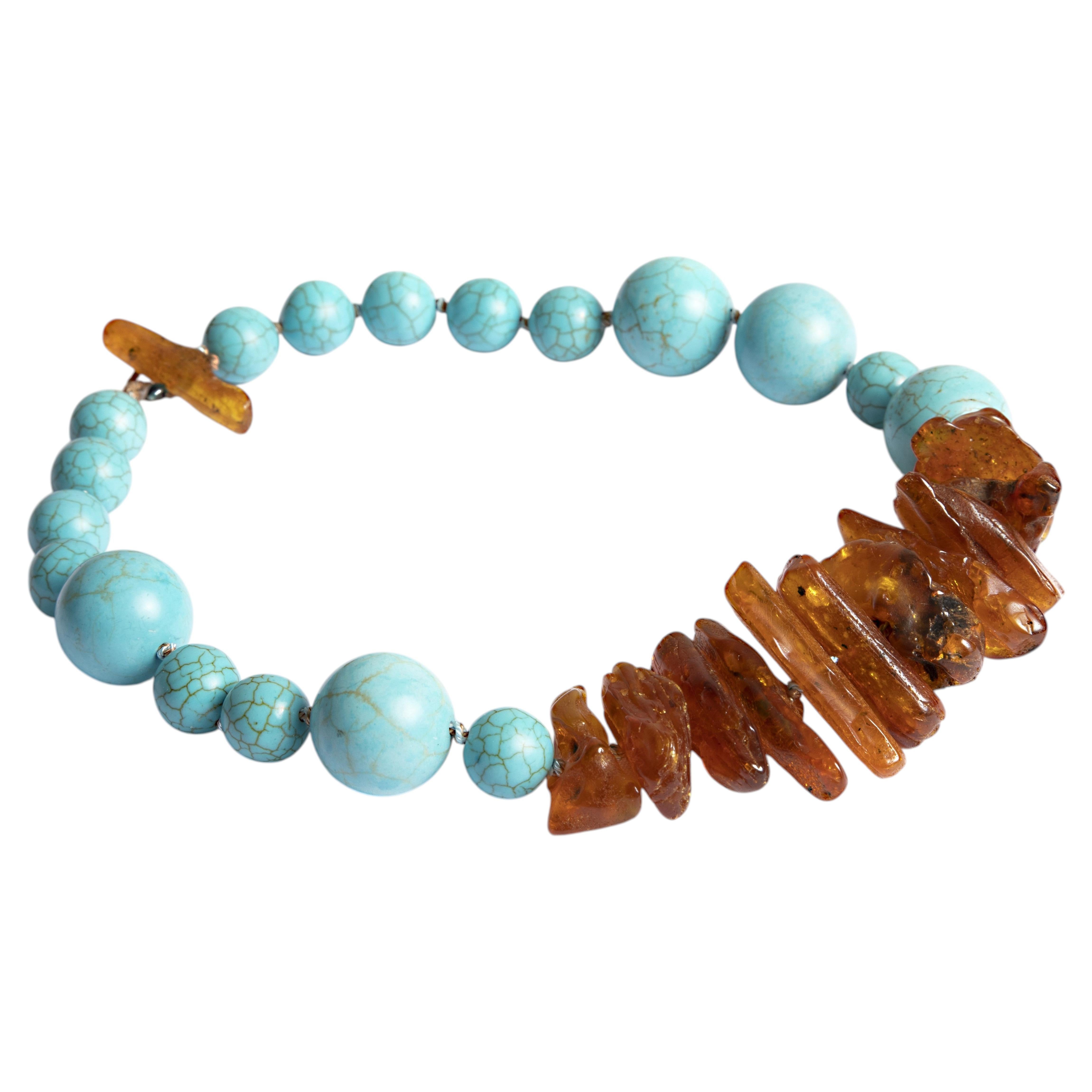 Collana con perline in ambra grezza e turchese di O'Gem in vendita