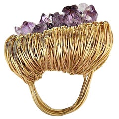 Raw Amethyst Crystal in Yellow Gold Statement Cocktail Ring